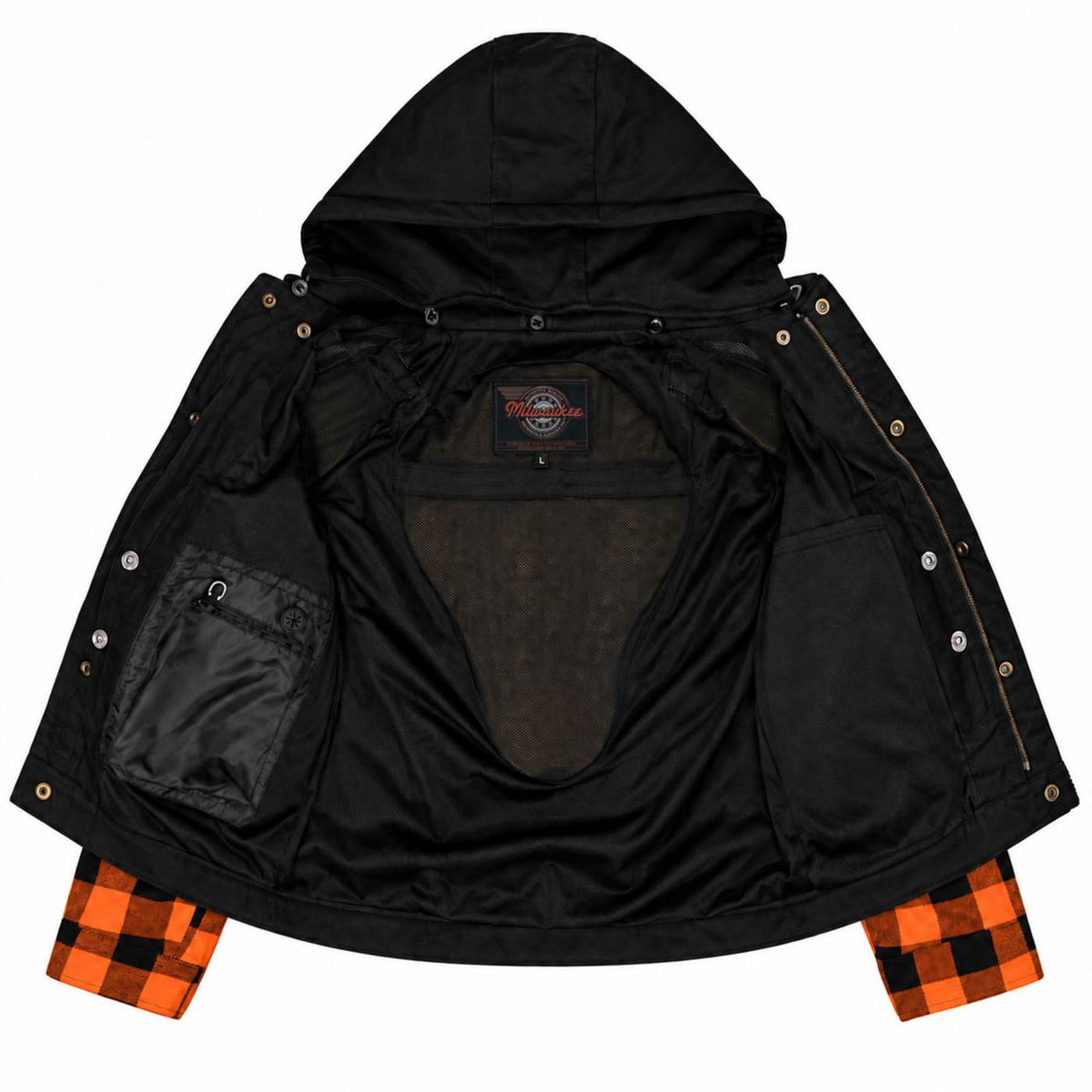 MMCC Men's Gridlock Black/Orange 14 oz Denim & Plaid Armored Hooded Motorcycle Jacket - MMC10102
