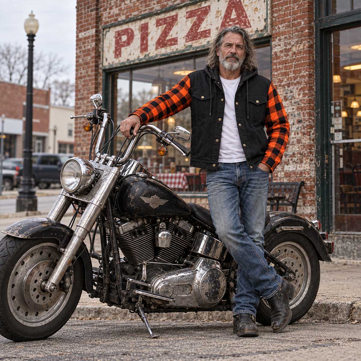 MMCC Men's Gridlock Black/Orange 14 oz Denim & Plaid Armored Hooded Motorcycle Jacket - MMC10102
