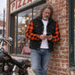 MMCC Men's Gridlock Black/Orange 14 oz Denim & Plaid Armored Hooded Motorcycle Jacket - MMC10102