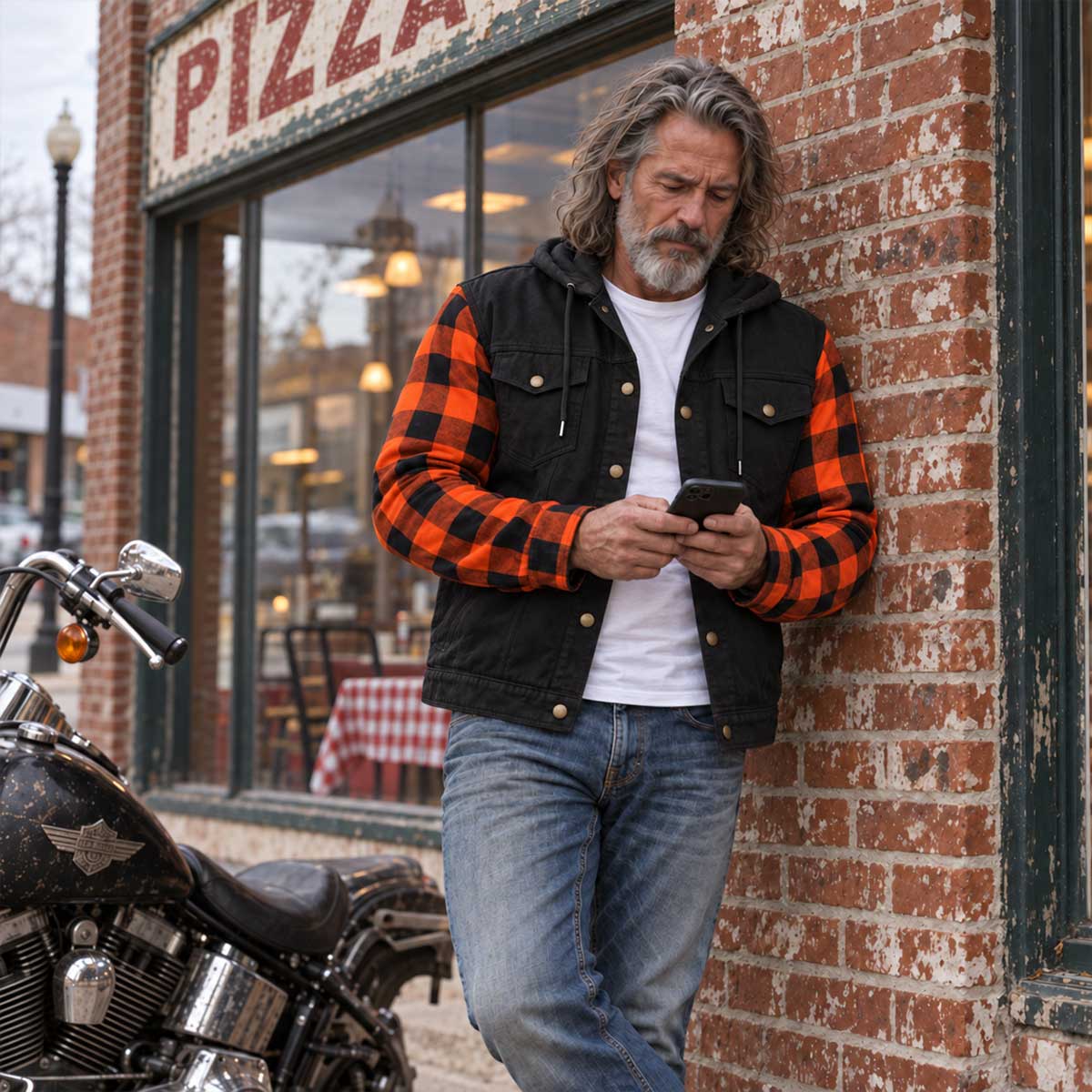 MMCC Men's Gridlock Black/Orange 14 oz Denim & Plaid Armored Hooded Motorcycle Jacket - MMC10102