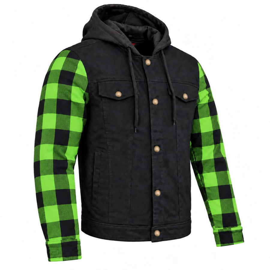 MMCC Men's Gridlock Black/Green 14 oz Denim & Plaid Armored Hooded Motorcycle Jacket - MMC10103