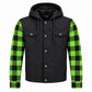 MMCC Men's Gridlock Black/Green 14 oz Denim & Plaid Armored Hooded Motorcycle Jacket - MMC10103