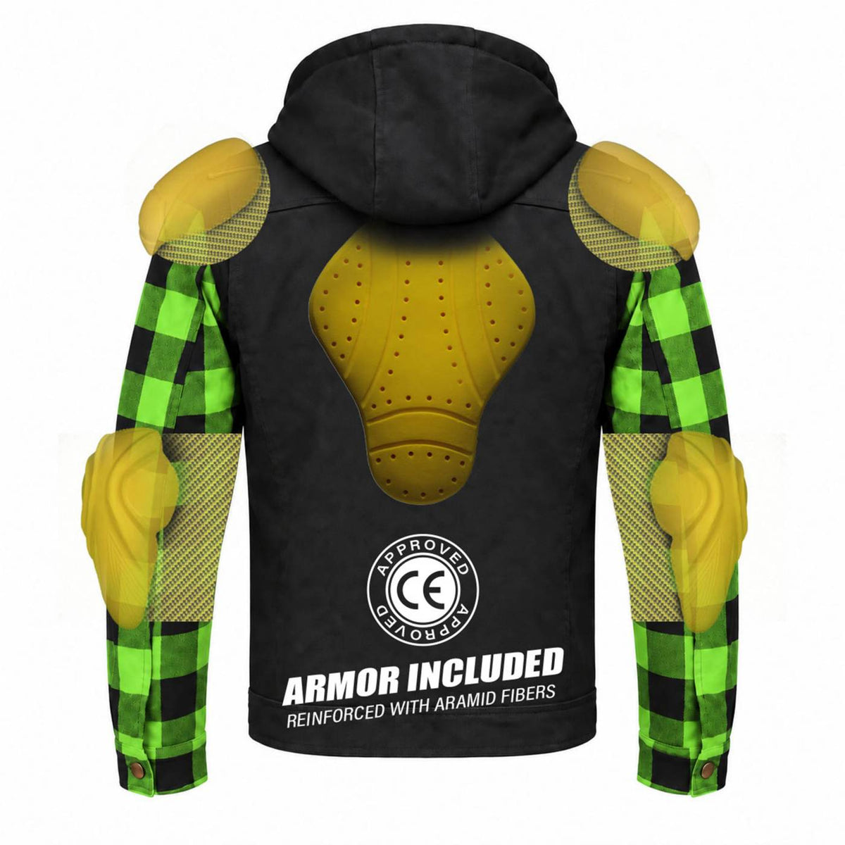 MMCC Men's Gridlock Black/Green 14 oz Denim & Plaid Armored Hooded Motorcycle Jacket - MMC10103
