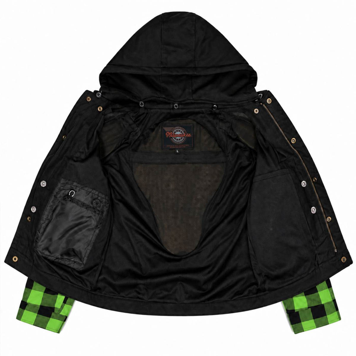 MMCC Men's Gridlock Black/Green 14 oz Denim & Plaid Armored Hooded Motorcycle Jacket - MMC10103