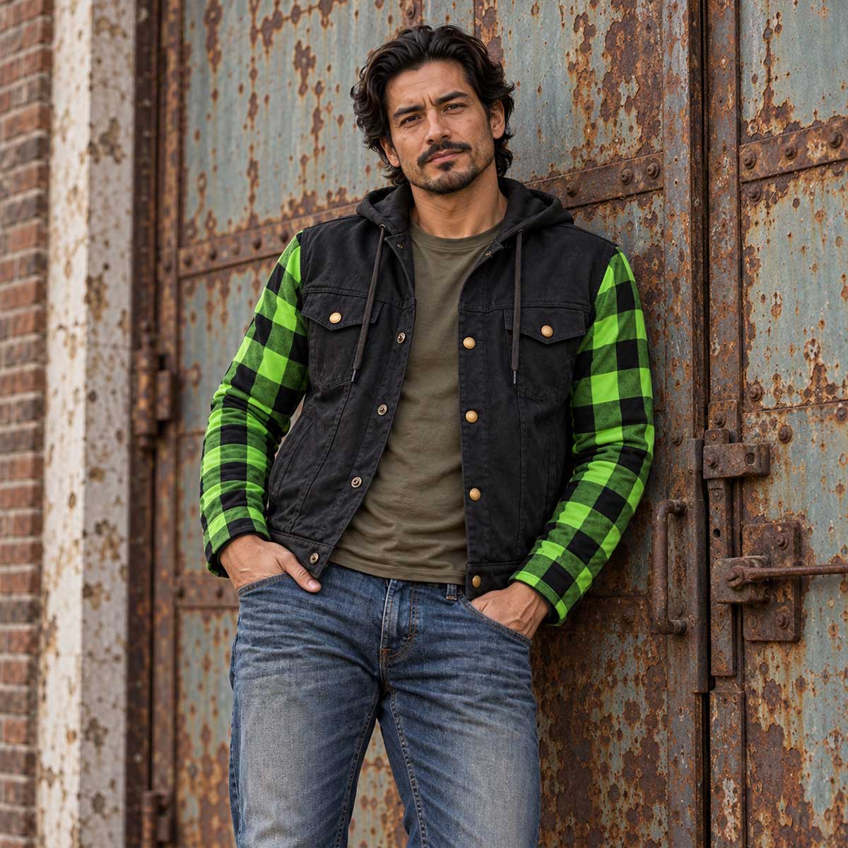 MMCC Men's Gridlock Black/Green 14 oz Denim & Plaid Armored Hooded Motorcycle Jacket - MMC10103