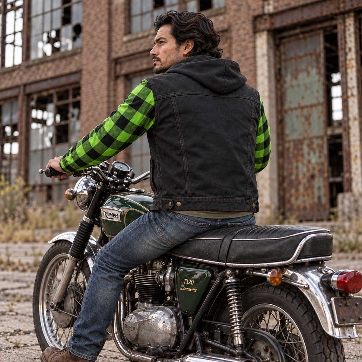 MMCC Men's Gridlock Black/Green 14 oz Denim & Plaid Armored Hooded Motorcycle Jacket - MMC10103