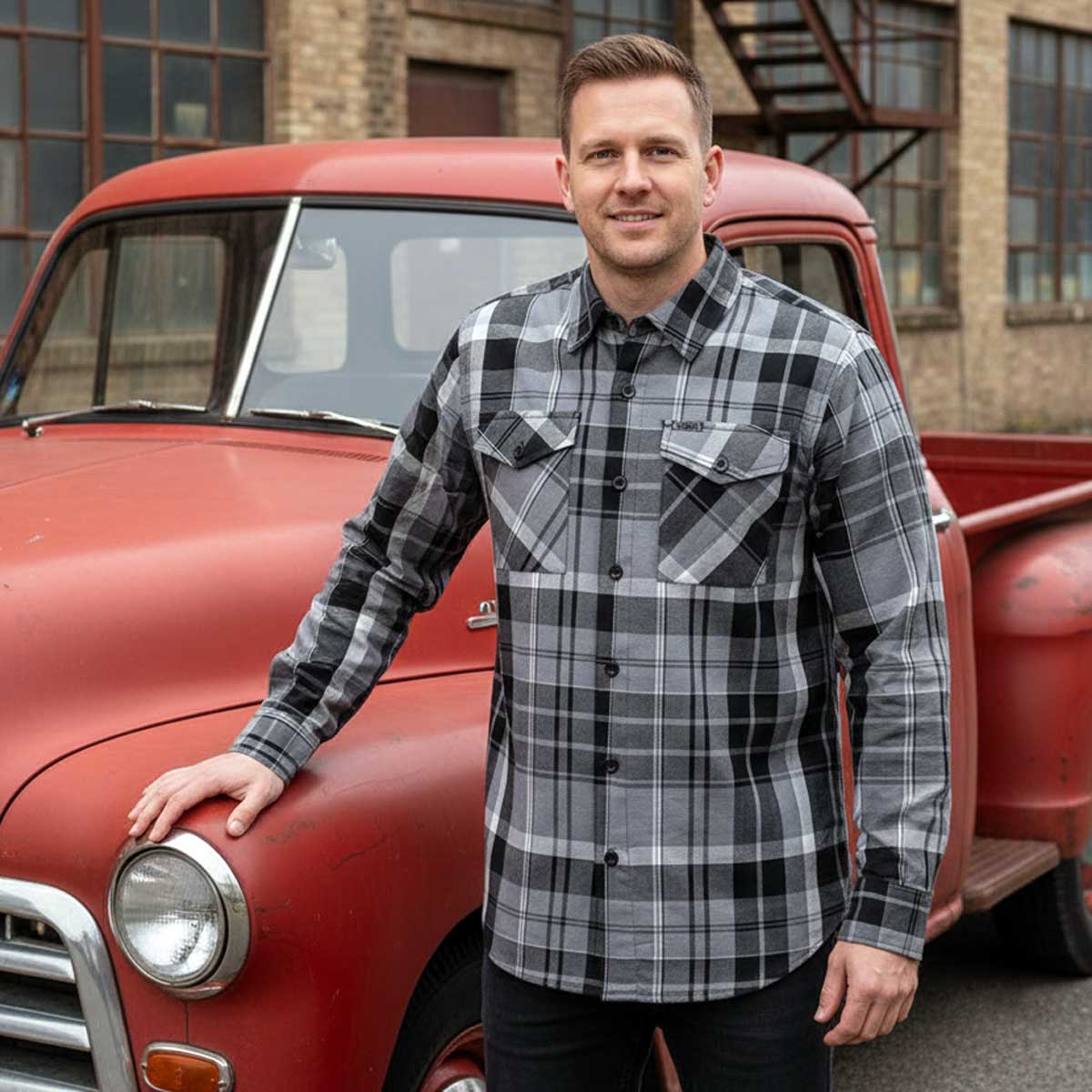 MMCC Men's Mastodon Gray Black White Cotton Long Sleeve Flannel Shirt - MMC11606