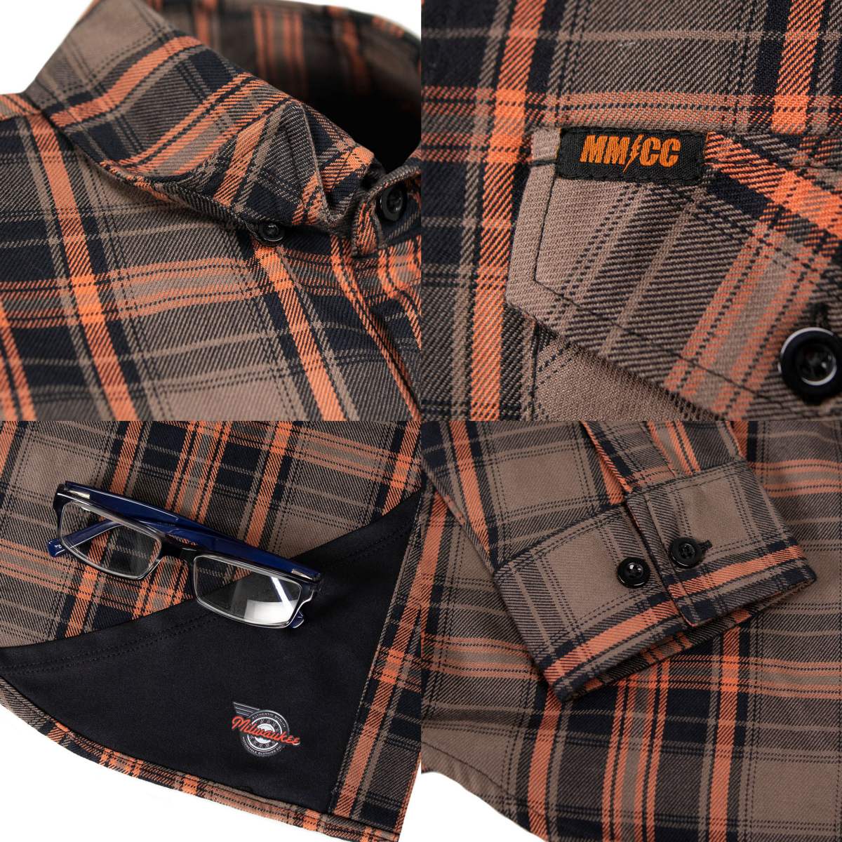 MMCC Men's Brimstone Plaid Black Orange Tan Flannel Shirt - 100% Cotton with Microfiber Wipe Panel - MMC11608