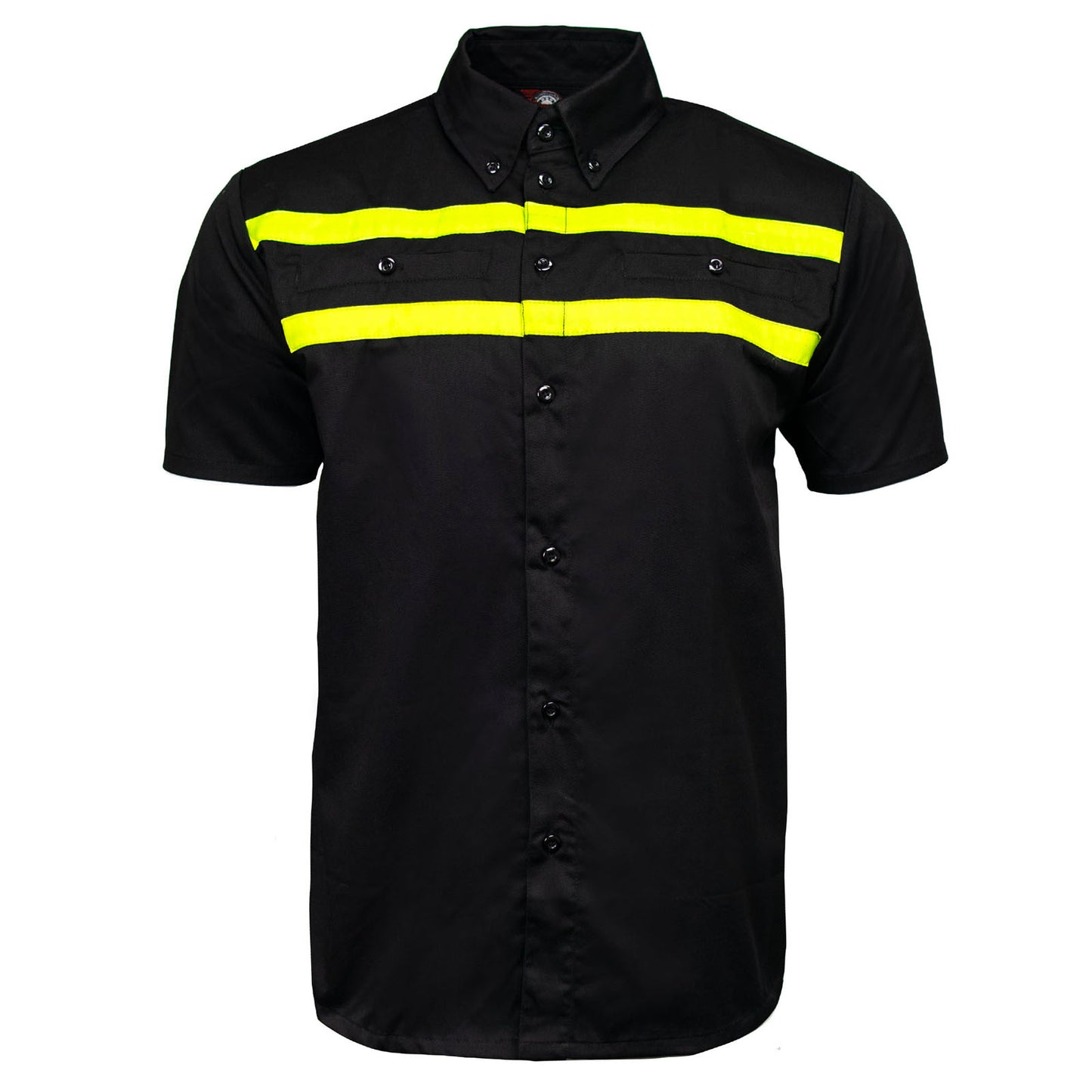 MMCC Men's Petrol Mechanic Button Up Shop Shirt, Reflective Strip, 2-Chest Pockets - Black-Neon Green - MMC16005