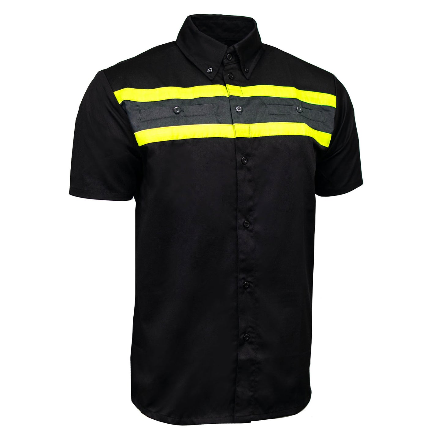 MMCC Men's Petro Mechanic Button Up Shop Shirt, Reflective Strip, 2-Chest Pockets - Black-Grey-Green - MMC16007