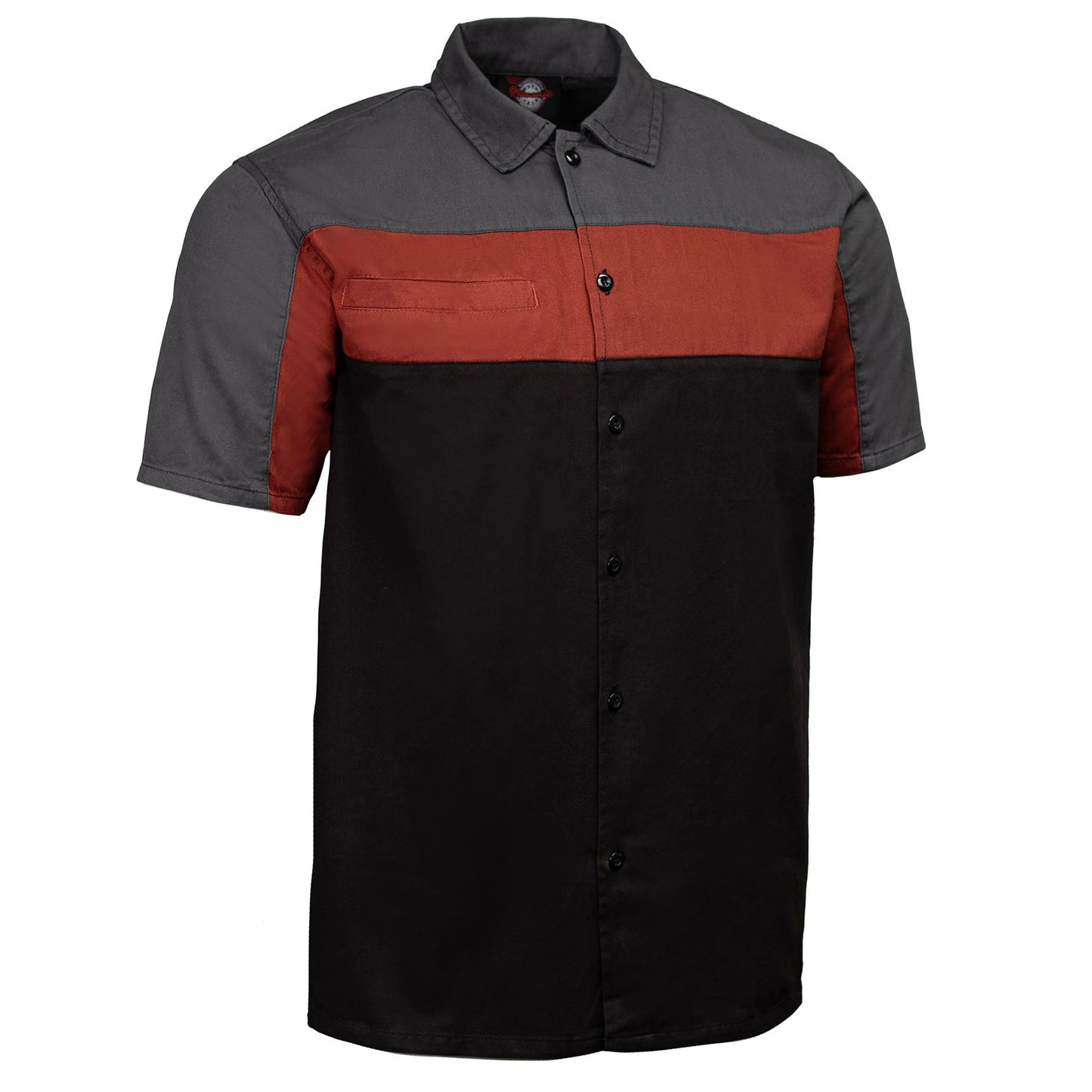 MMCC Men's Pit Stop Mechanic Button Up Shop Shirt, Reflective Strip, 2-Chest Pockets - Black-Orange-Grey - MMC16010