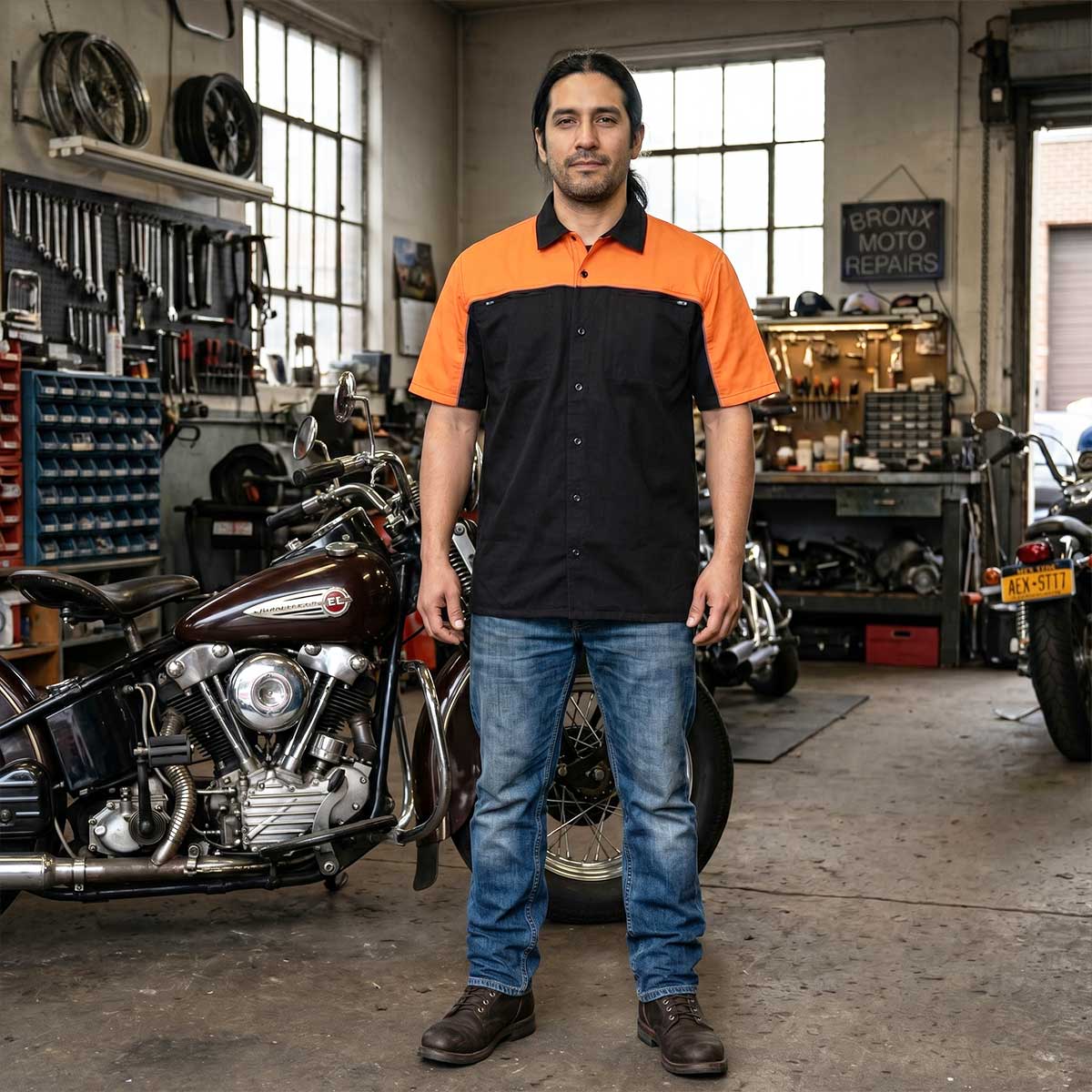 MMCC Men's Reveline Black Orange Grey Classic Mechanic Shirt - 100% Cotton W/ Microfiber Panel - MMC16029