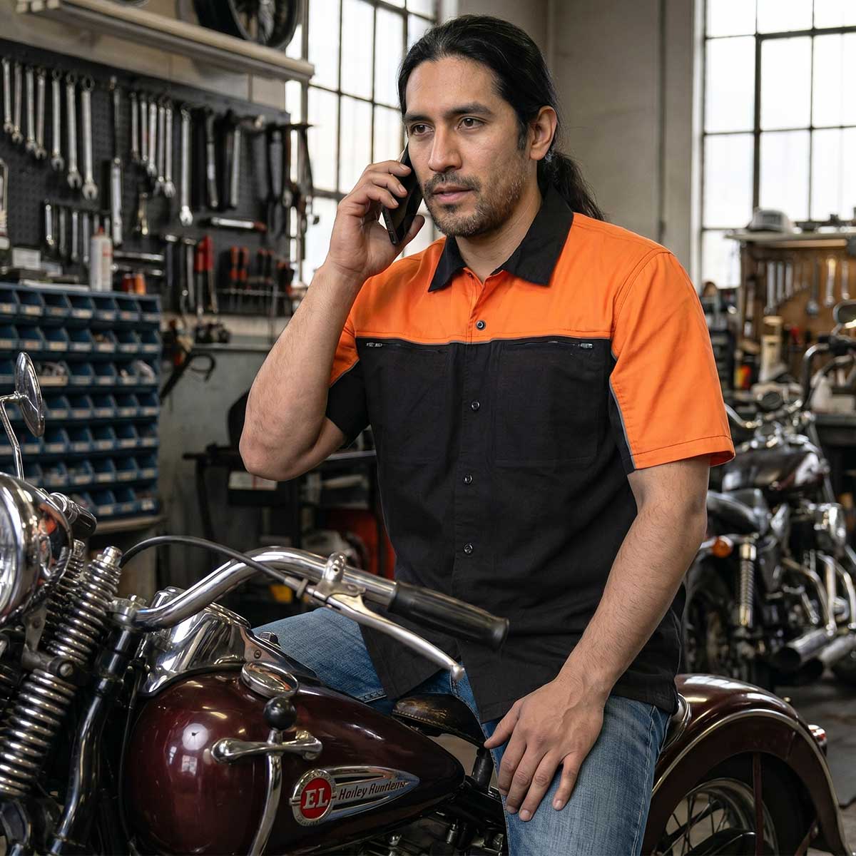 MMCC Men's Reveline Black Orange Grey Classic Mechanic Shirt - 100% Cotton W/ Microfiber Panel - MMC16029