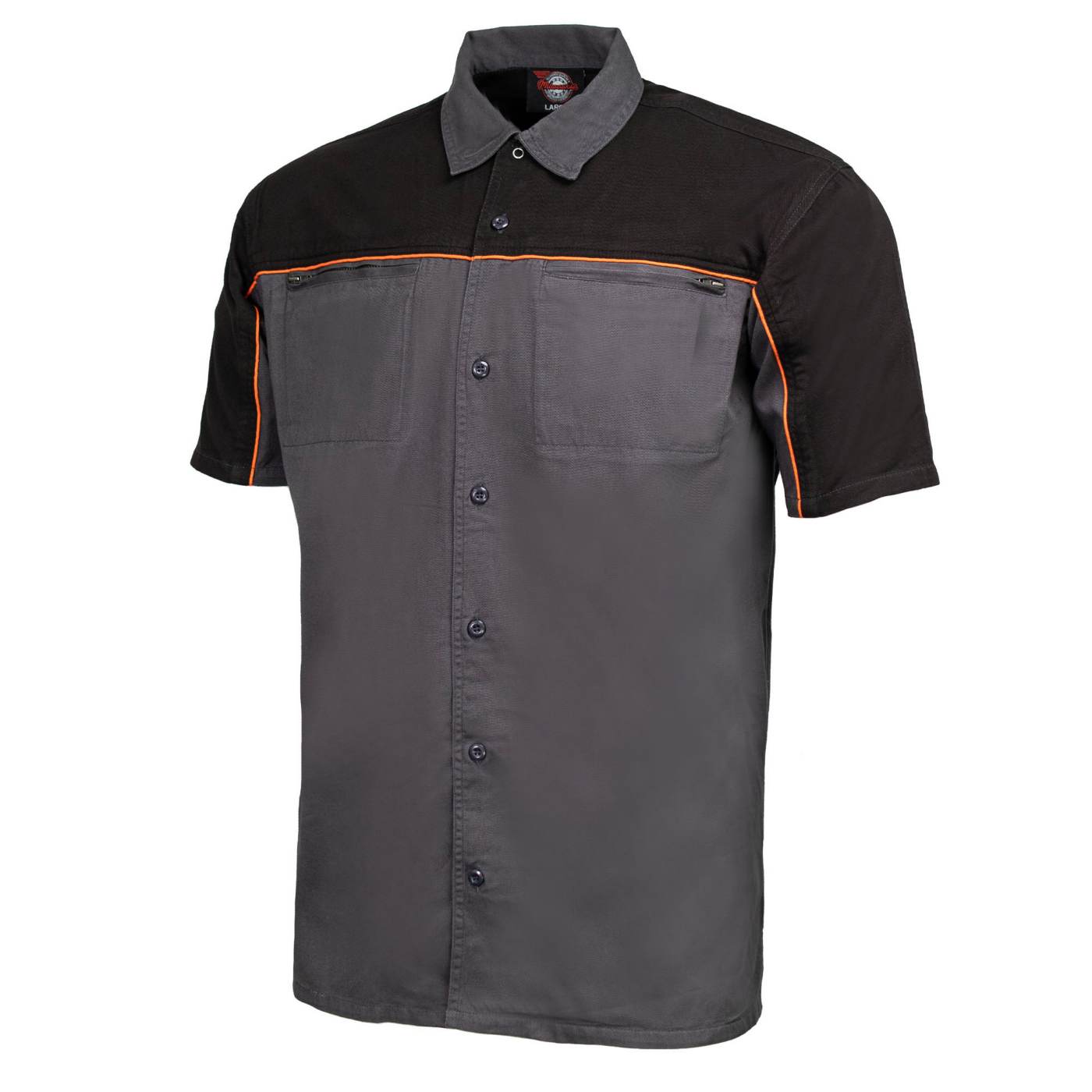 MMCC Men's Reveline Grey Black Orange Classic Mechanic Shirt - 100% Cotton w/ Microfiber Panel - MMC16030