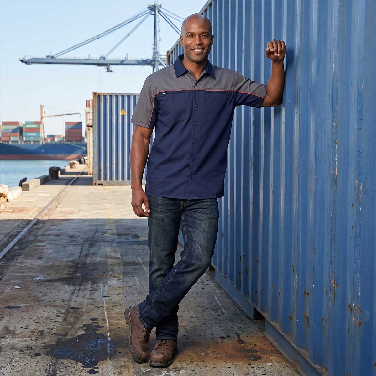 MMCC Men's Reveline Blue Grey Copper Classic Mechanic Shirt - 100% Cotton w/ Microfiber Panel - MMC16032