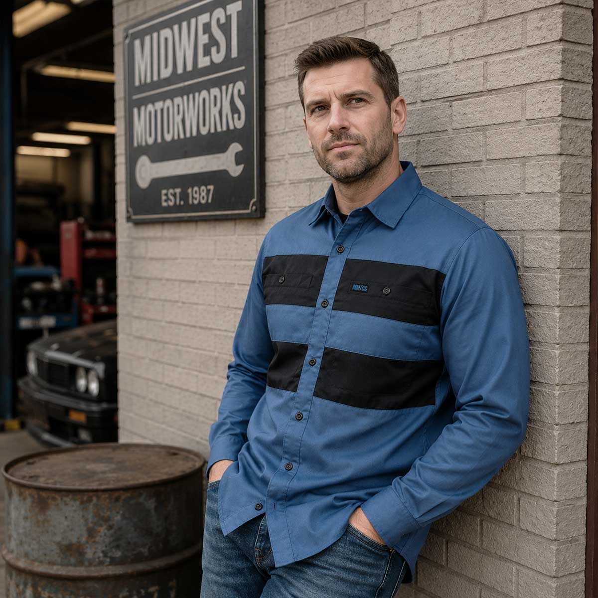 MMCC Men's Block Shift Long Sleeve Mechanic Shop Shirt - Microfiber Panel - MMC16155