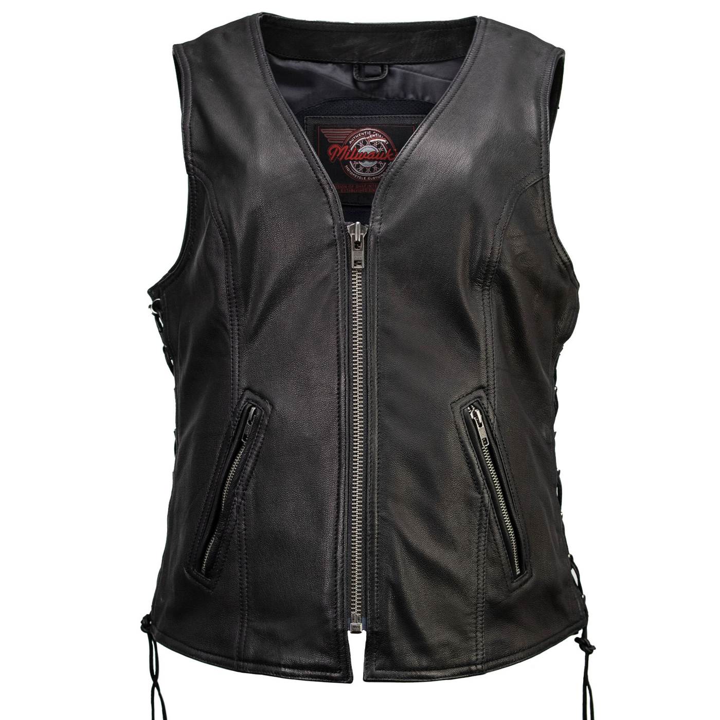 Milwaukee Motorcycle Clothing Co. Women's Jenni Black Premium Leather V-Neck Side Lace Vest MMC40001