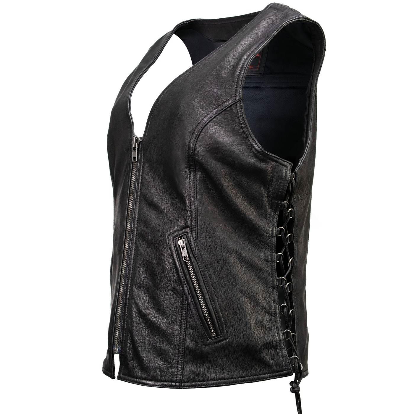 Milwaukee Motorcycle Clothing Co. Women's Jenni Black Premium Leather V-Neck Side Lace Vest MMC40001
