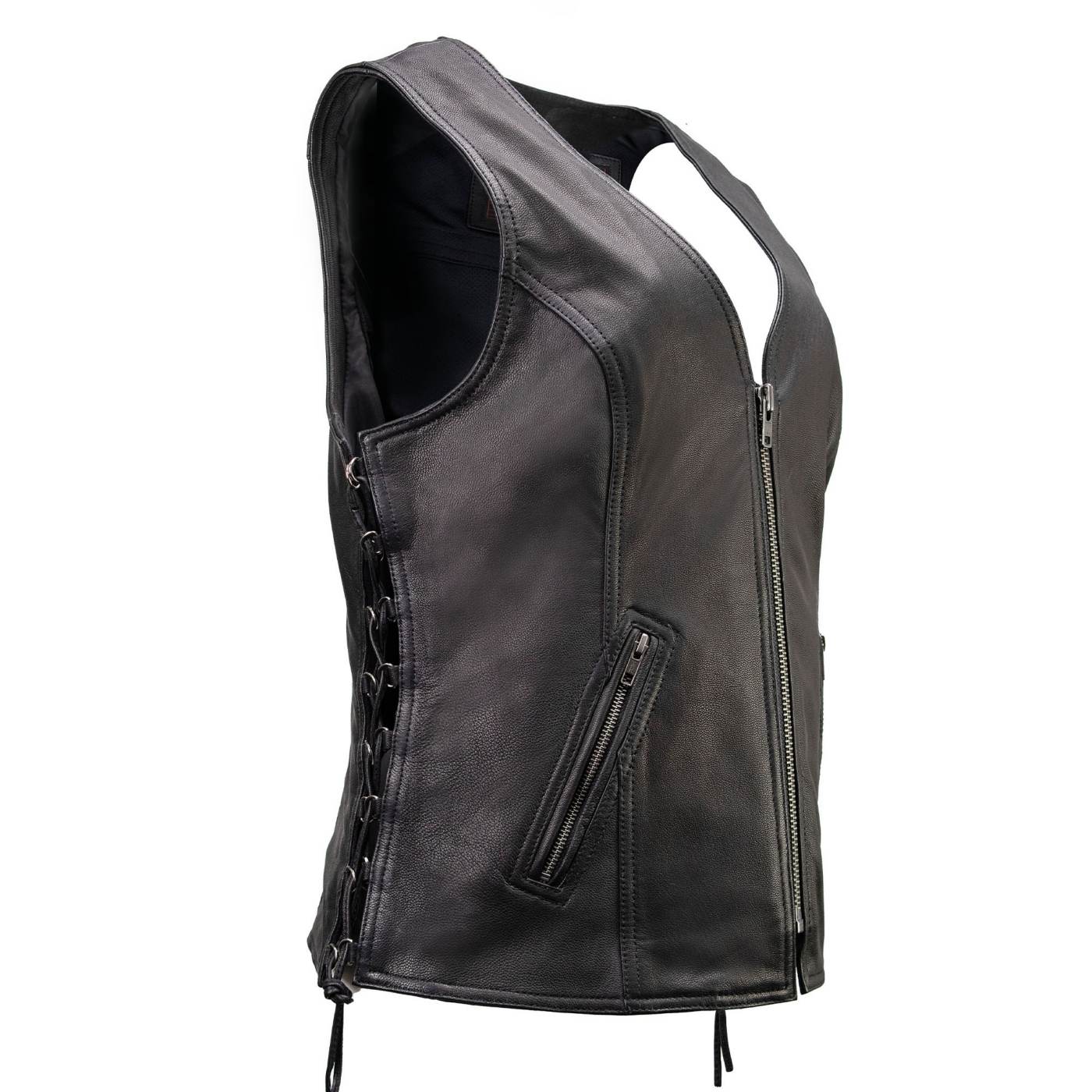 Milwaukee Motorcycle Clothing Co. Women's Jenni Black Premium Leather V-Neck Side Lace Vest MMC40001
