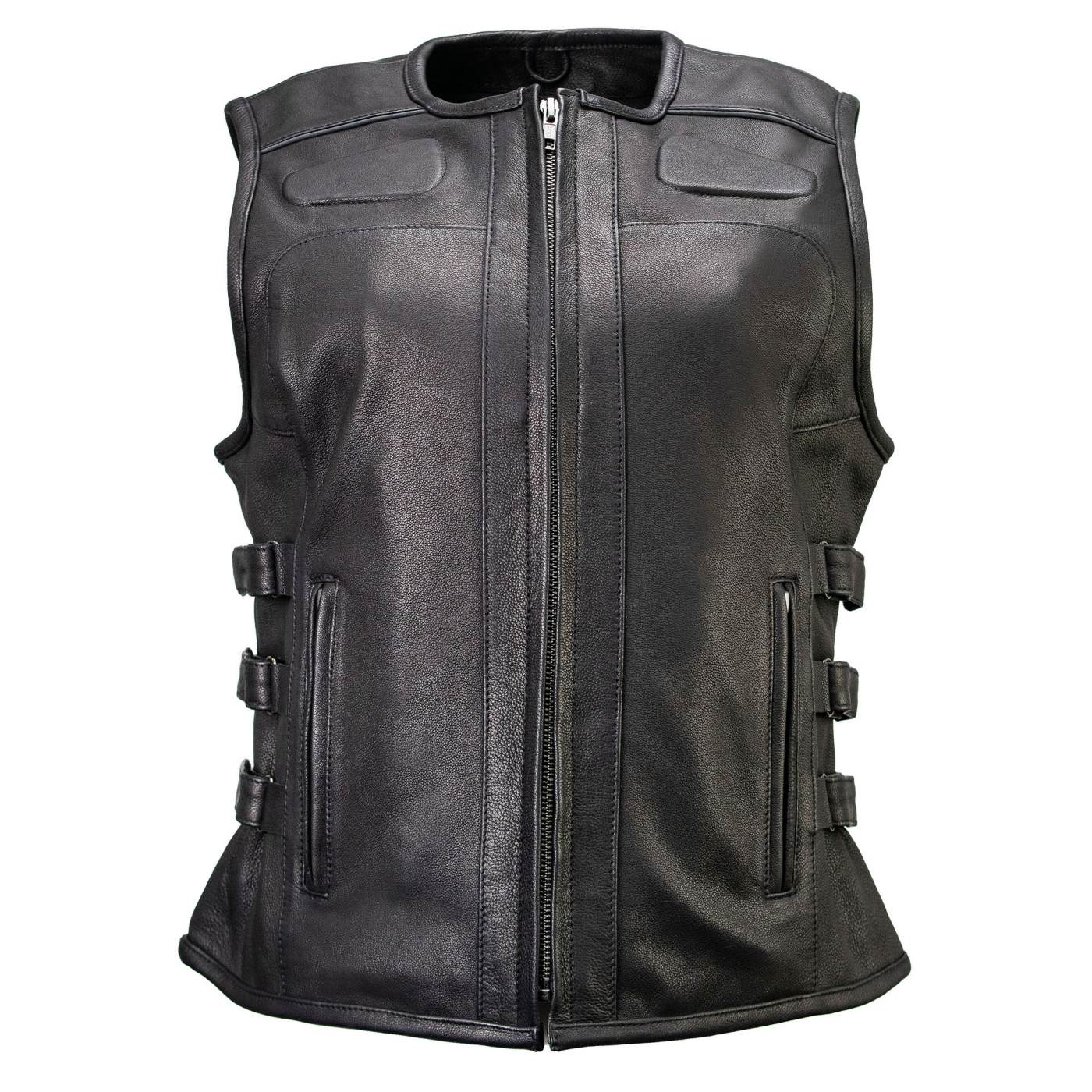Milwaukee Motorcycle Clothing Co. Women's Gixxer Black Premium Leather Vest w/ Round Neck Side Buckle MMC40003