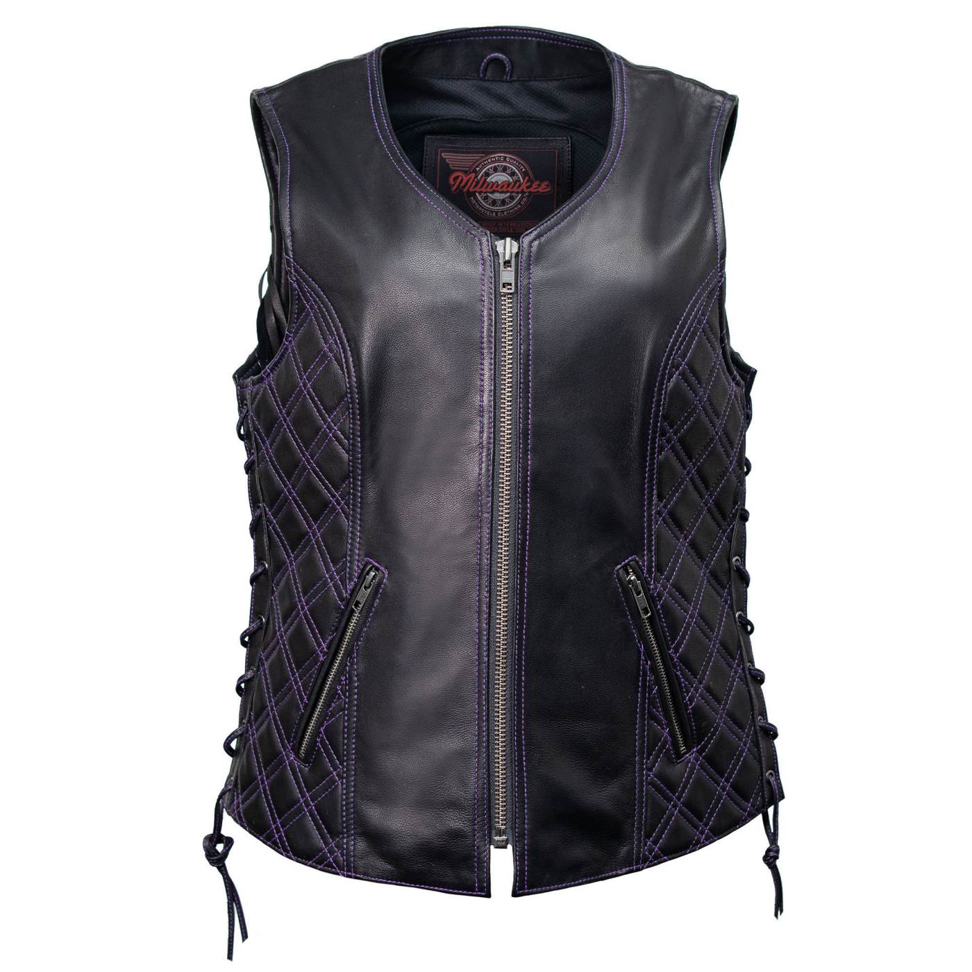 Milwaukee Motorcycle Clothing Co. Women’s Liberty Black and Purple Leather V-Neck Biker Vest w/ Side Lacing MMC40006