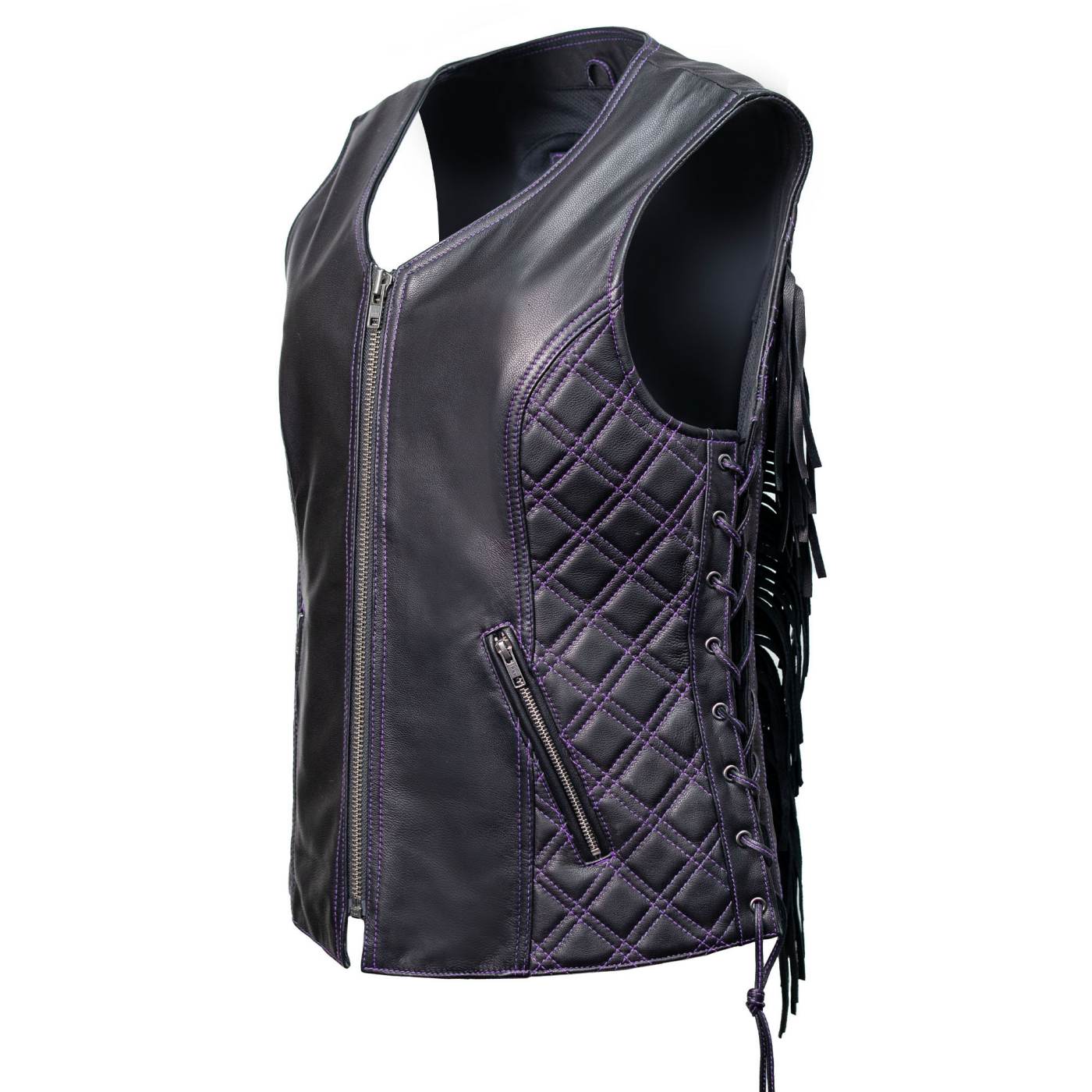 Milwaukee Motorcycle Clothing Co. Women’s Liberty Black and Purple Leather V-Neck Biker Vest w/ Side Lacing MMC40006