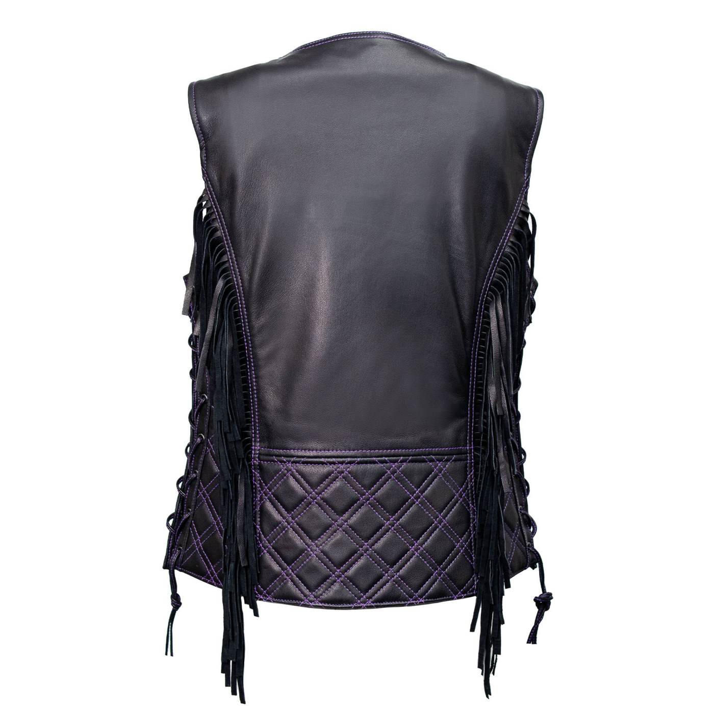 Milwaukee Motorcycle Clothing Co. Women’s Liberty Black and Purple Leather V-Neck Biker Vest w/ Side Lacing MMC40006