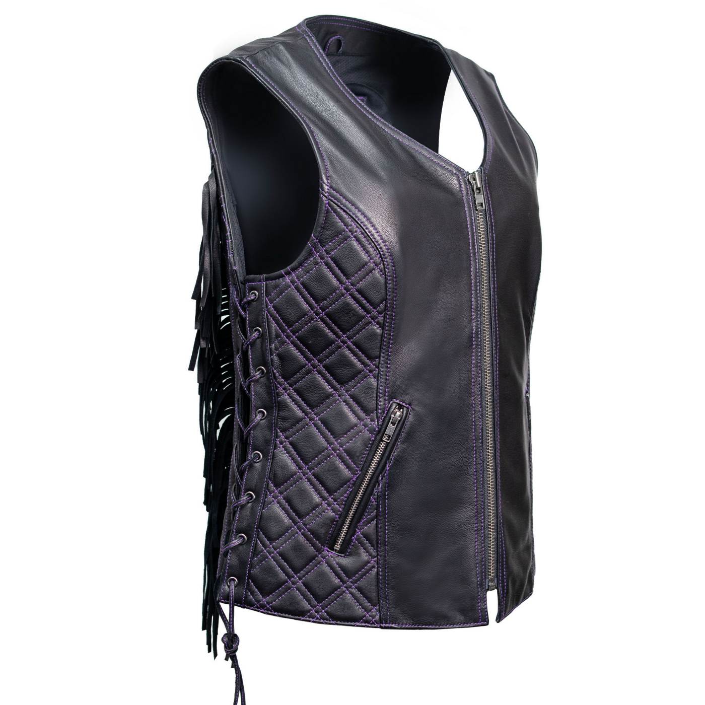 Milwaukee Motorcycle Clothing Co. Women’s Liberty Black and Purple Leather V-Neck Biker Vest w/ Side Lacing MMC40006