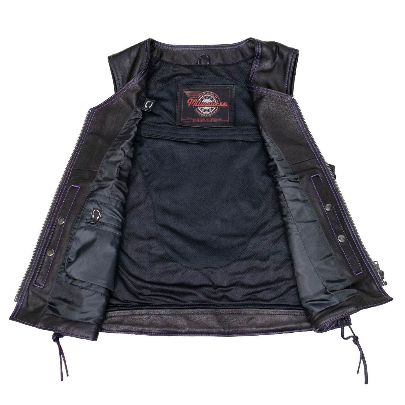 Milwaukee Motorcycle Clothing Co. Women’s Liberty Black and Purple Leather V-Neck Biker Vest w/ Side Lacing MMC40006