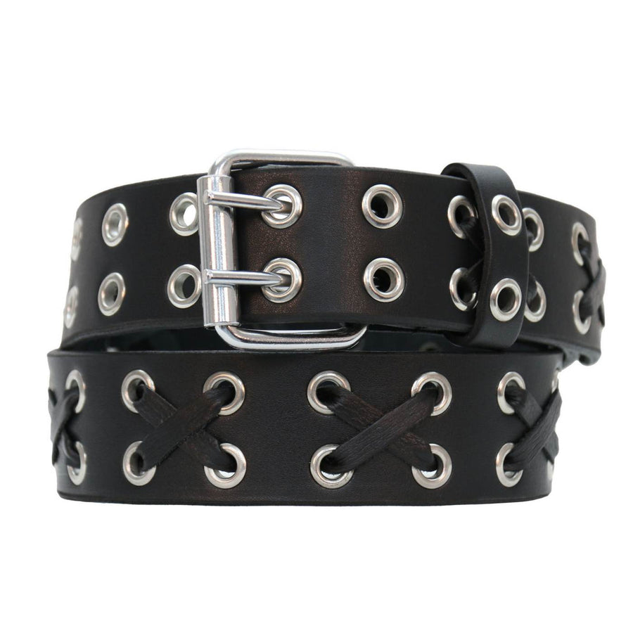 Milwaukee Leather Men's Black Double-Prong Grommet Leather Belt with Interchangeable Buckle - MP7137