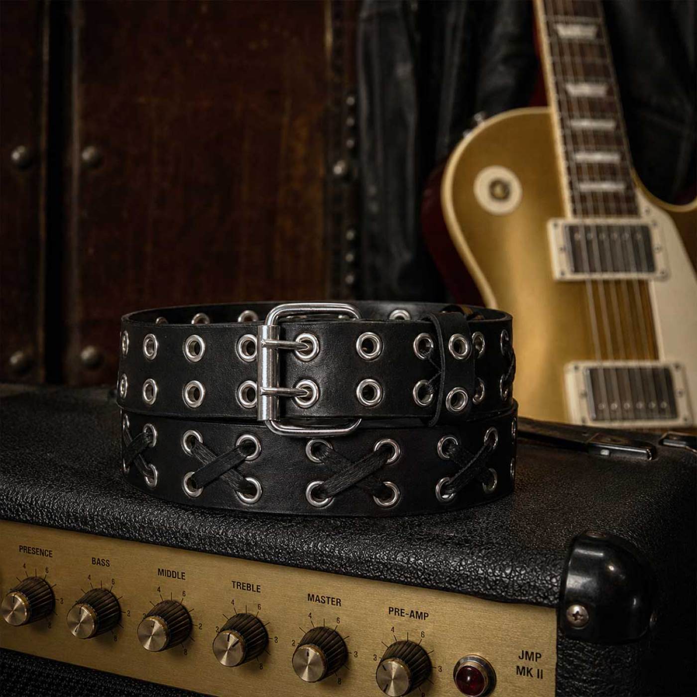 Milwaukee Leather Men's Black Double-Prong Grommet Leather Belt with Interchangeable Buckle - MP7137