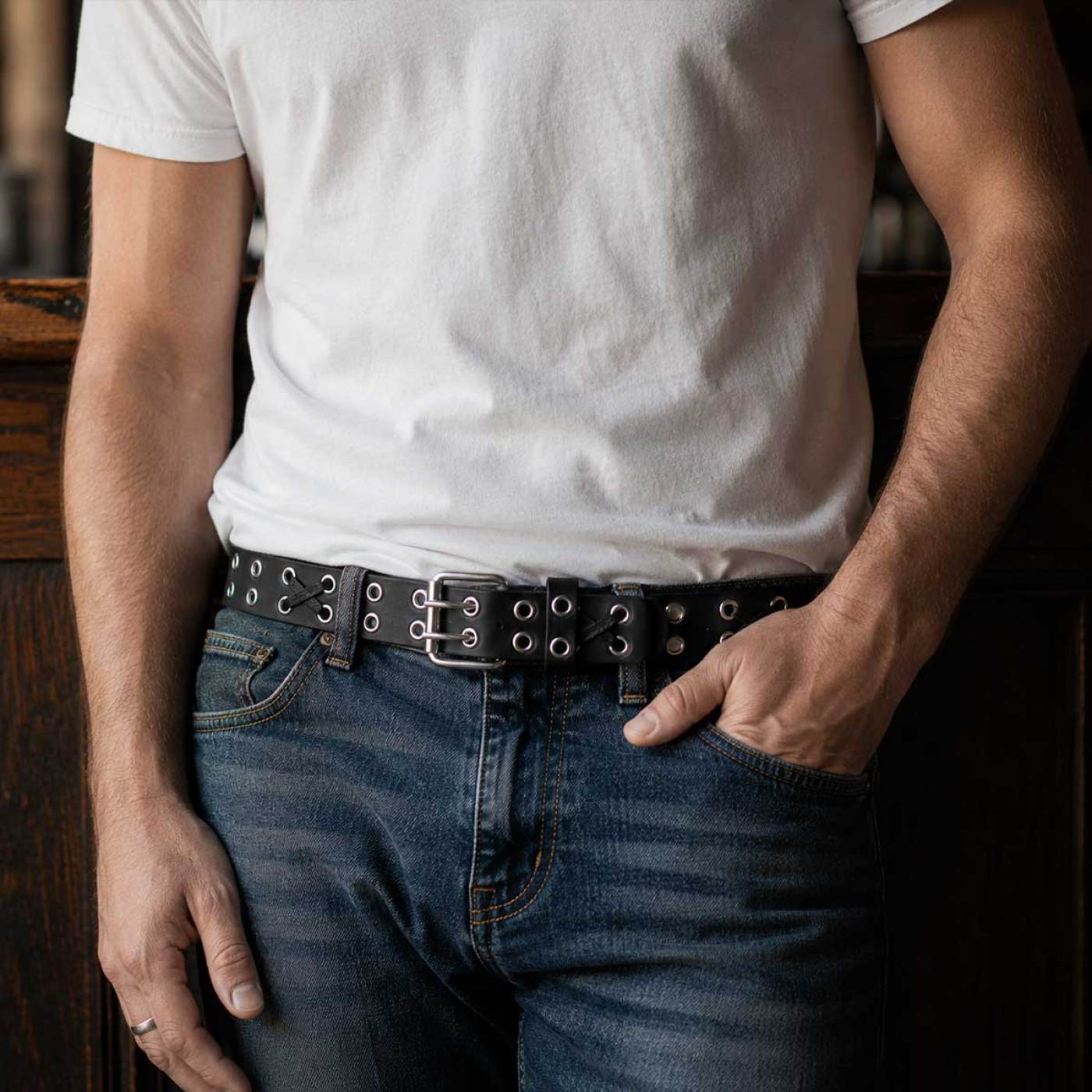 Milwaukee Leather Men's Black Double-Prong Grommet Leather Belt with Interchangeable Buckle - MP7137