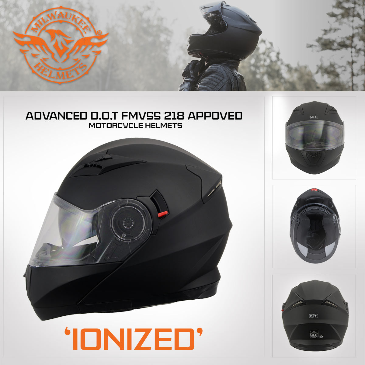 Milwaukee Performance Helmets MPH9803DOT 'Ionized' Matte Black Advanced Modular Motorcycle Helmet with Drop Down Visor