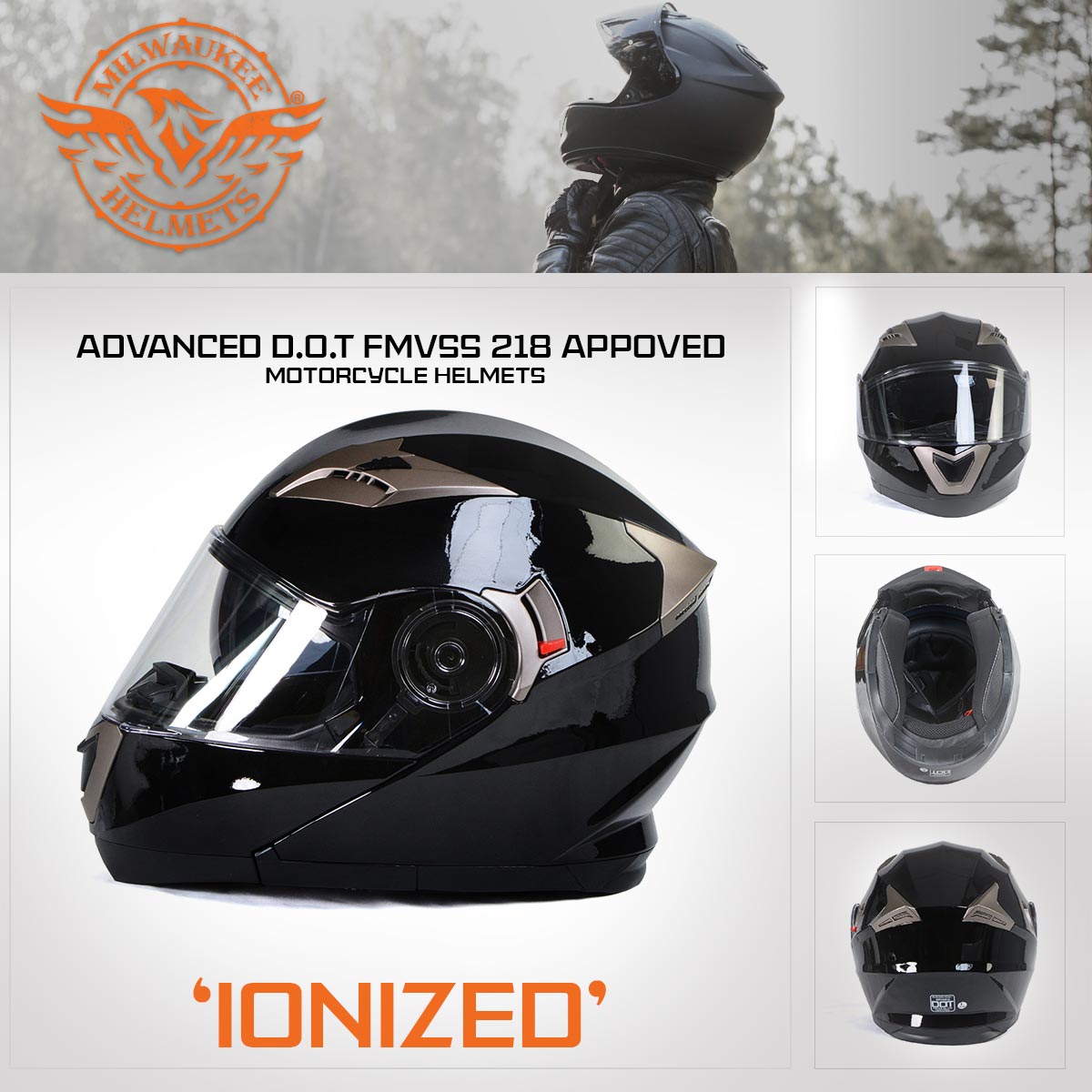 Milwaukee Helmets MPH9806DOT Ionized Gloss Black Advanced Motorcycle Modular Helmet Biker w/ Drop Down Visor Milwaukee Helmets MPH9806DOT Ionized Gloss Black Advanced Motorcycle Modular Helmet Biker w/ Drop Down Visor
