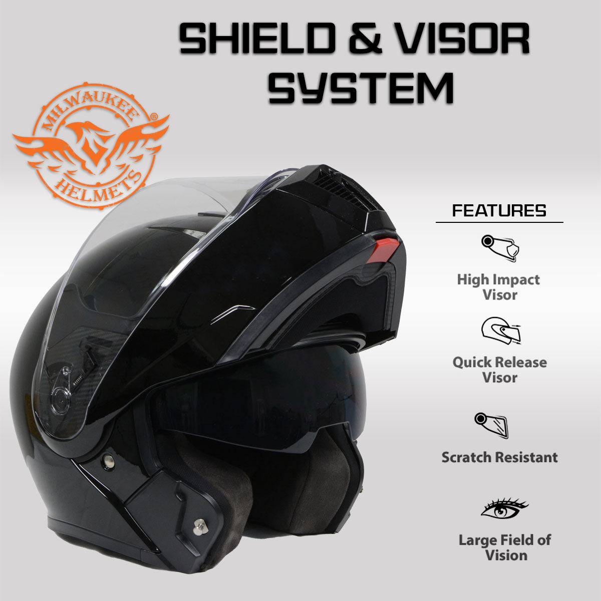 Milwaukee Helmets Gloss Black Menace Advanced Motorcycle Modular Helmet w/Drop Down Visor DOT Approved MPH9813DOT