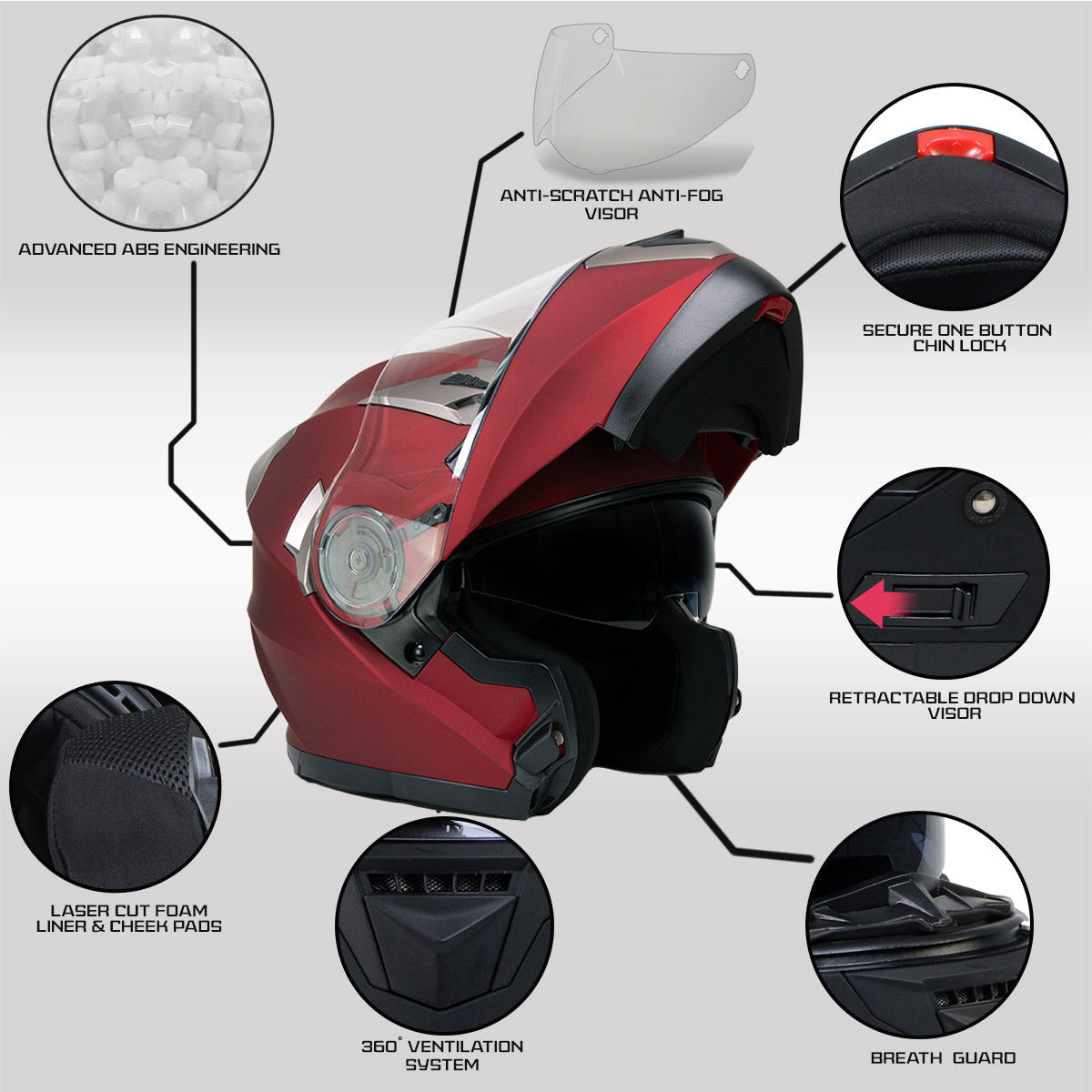 Milwaukee Helmets MPH9826DOT 'Ionized' Flat Red Advanced Motorcycle Modular Helmet w/ Drop Down Visor