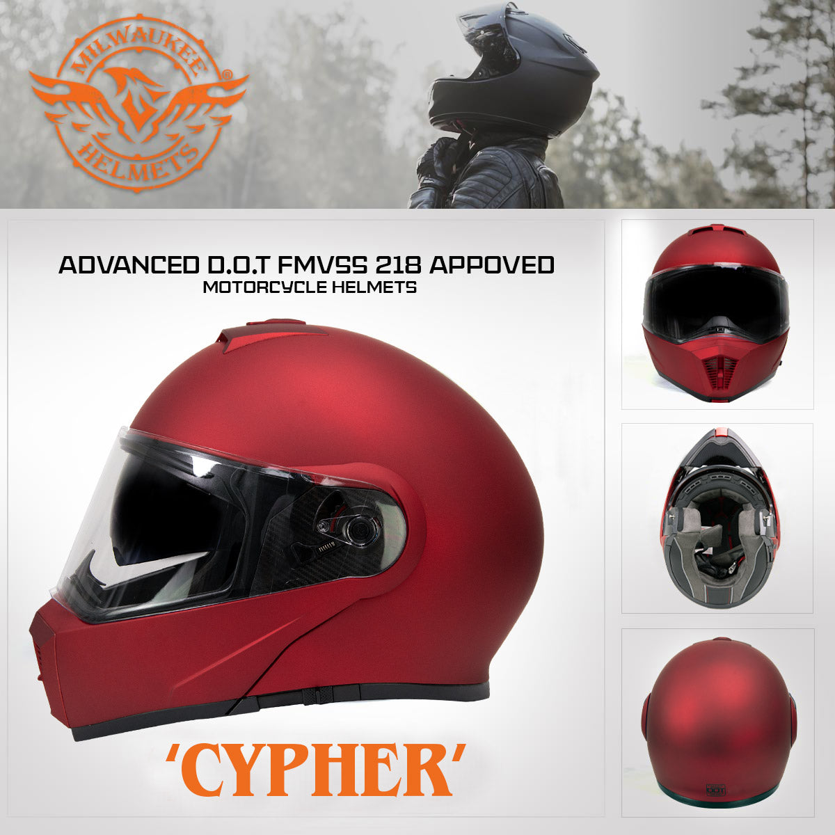 Milwaukee Helmets MPH9827DOT 'Cypher' Flat Red Advanced Motorcycle Modular Helmet w/ Drop Down Visor