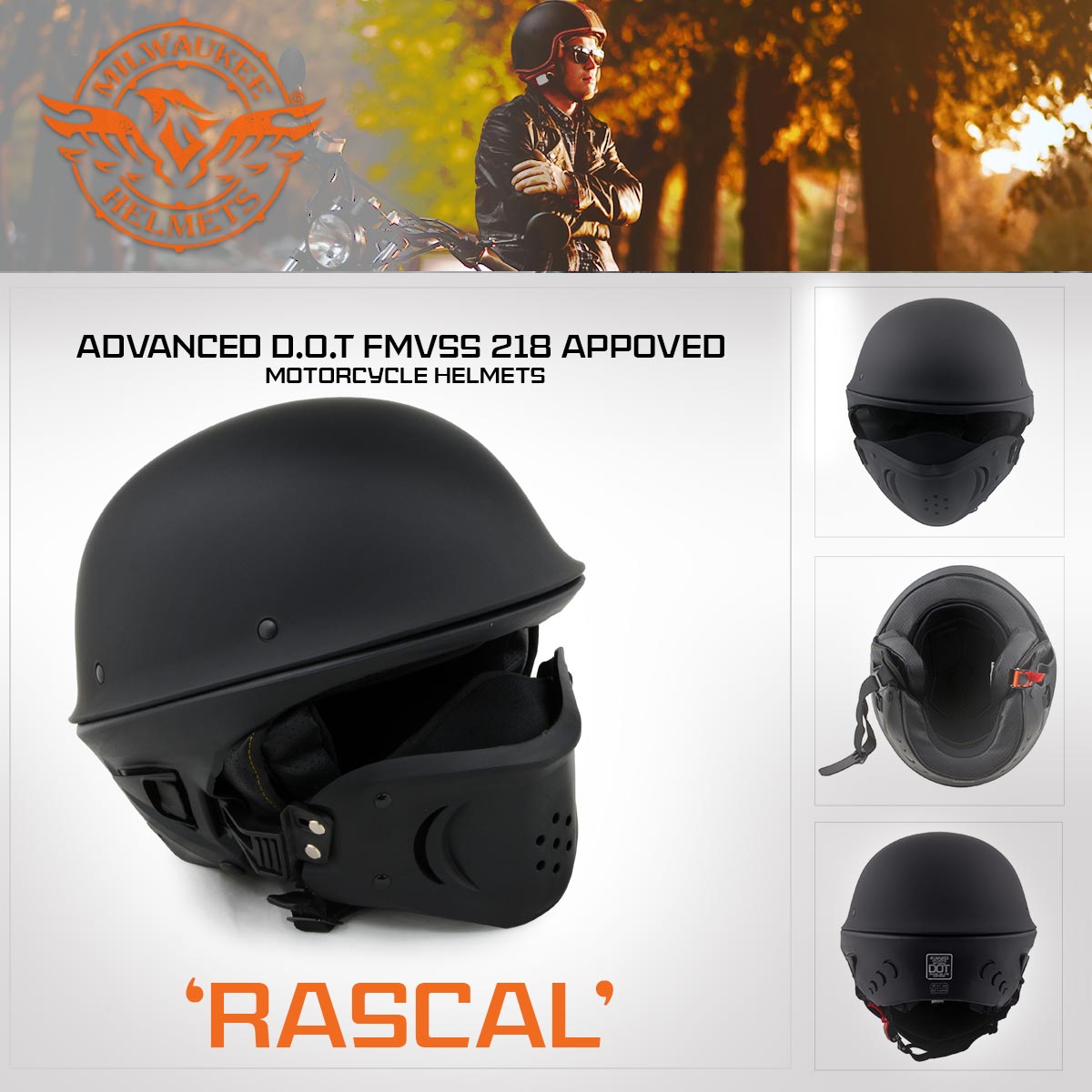 Milwaukee Helmets MPH9830DOT Rascal 3/4 Open Face Flat Black 2 in 1 Motorcycle Helmet Biker
