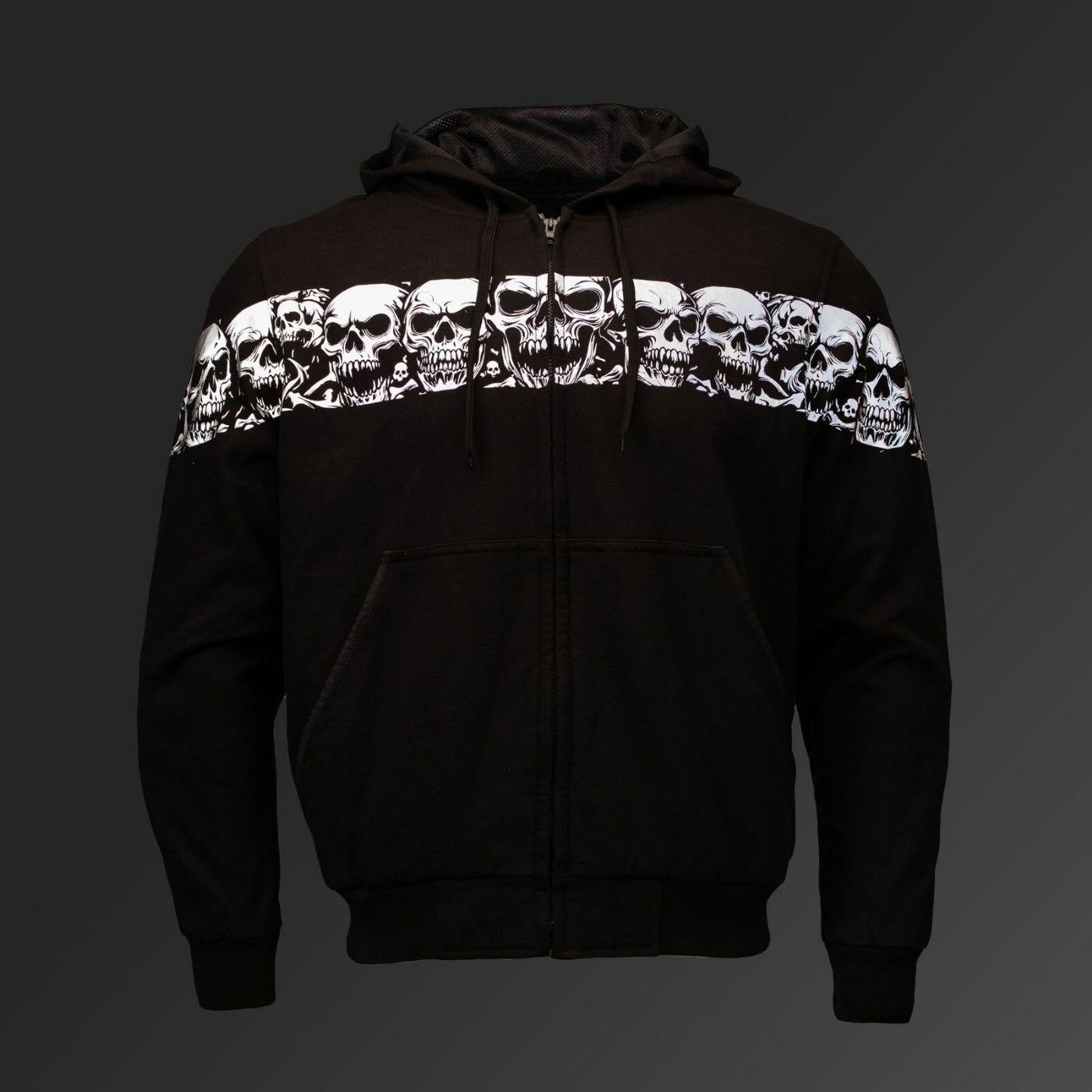 MMCC Men’s Bare Bones Hoodie – Reflective Skull Graphics Front & Back, Full Zip, 100 % Cotton, MPM1681