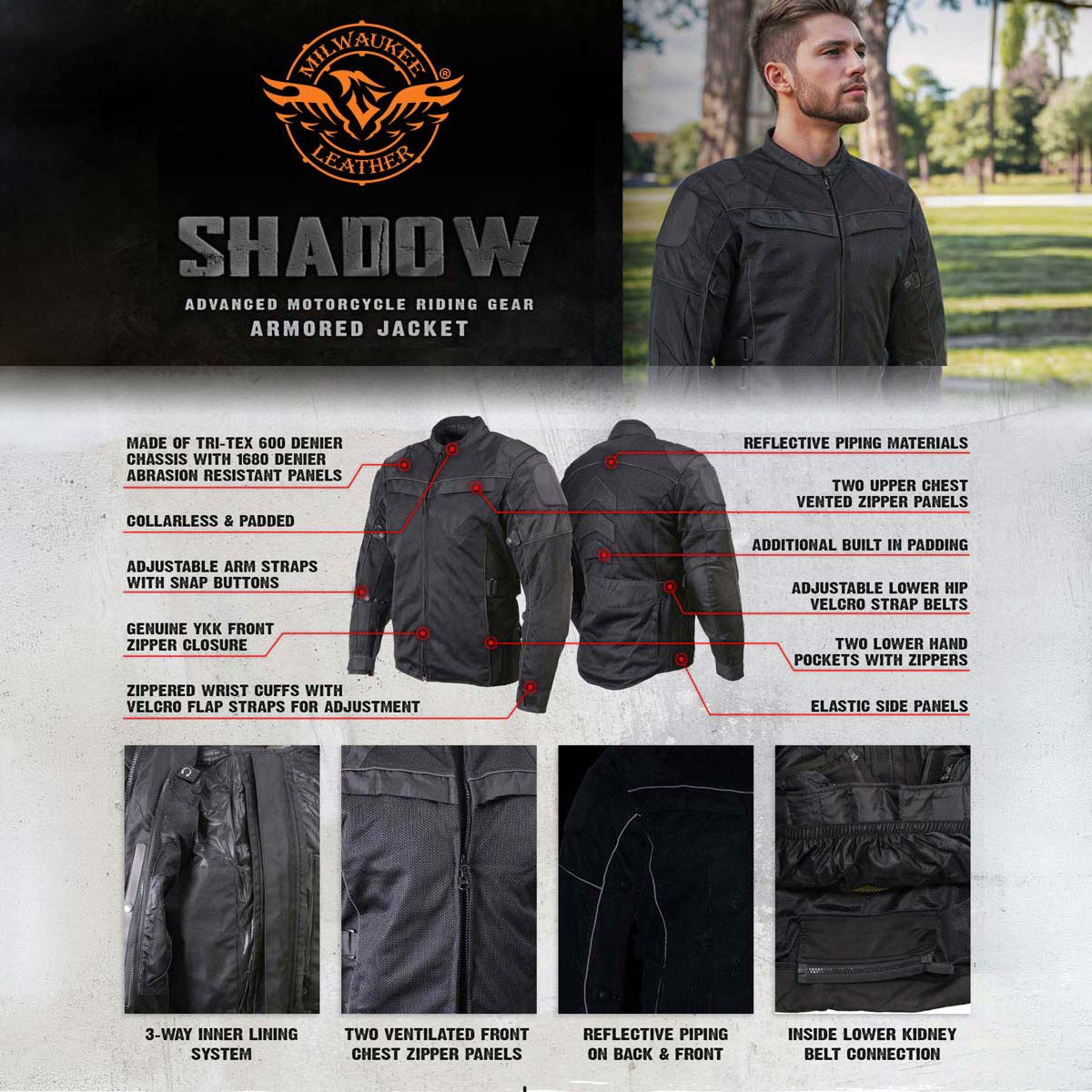 Milwaukee Leather Men's Shadow Black Textile Motorcycle Jacket w/ CE Armor - MPM17030
