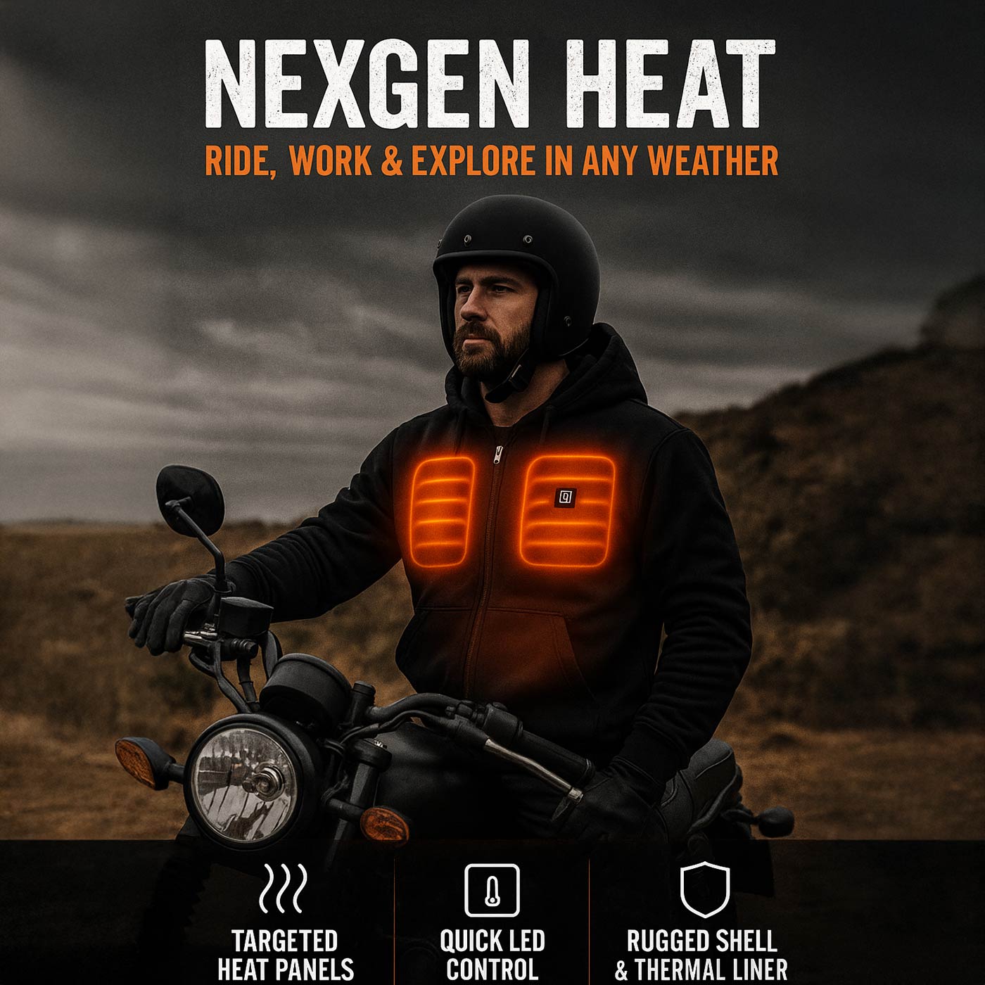 Nexgen Heat MPM1713SET12v Men's Grey 'Heated' Front Zipper Hoodie Jacket for Outdoor Activities w/ Battery Pack