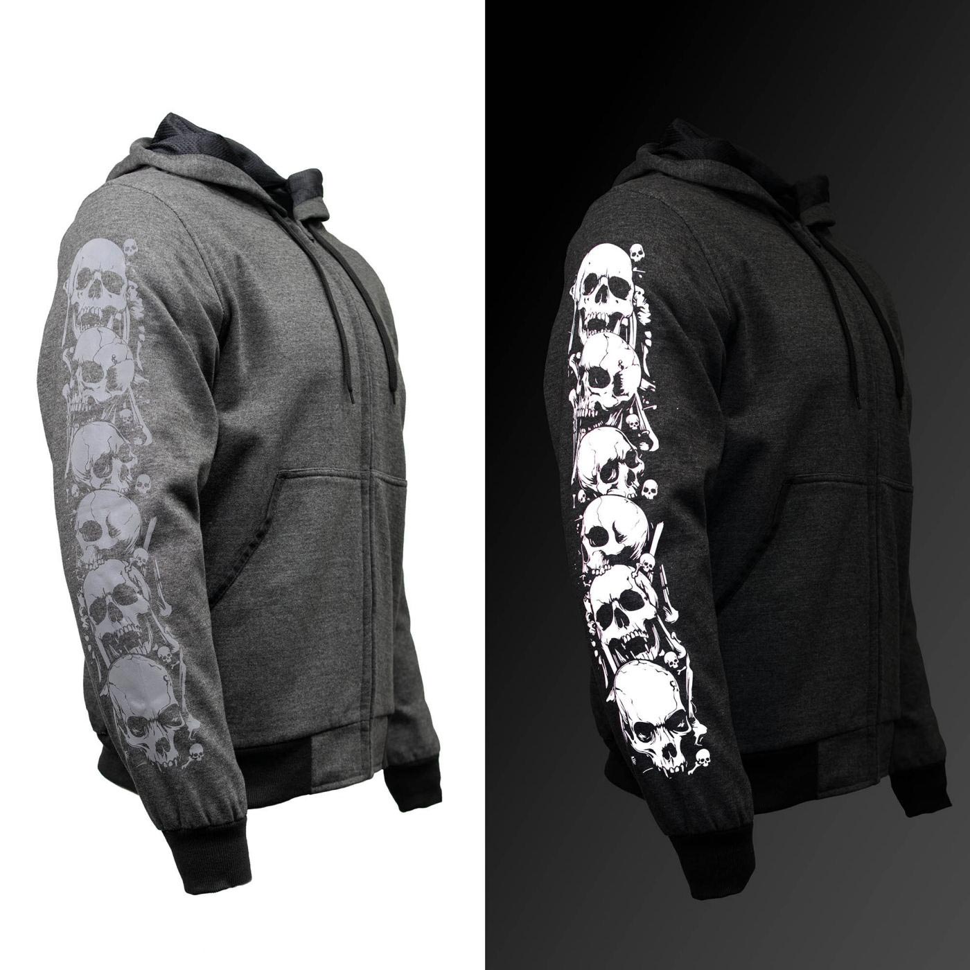 Milwaukee Leather Men's Bare Bones Charcoal Reflective Skull CE Armored Riding Hoodie, Shoulder and Elbow Armor - MPM1799