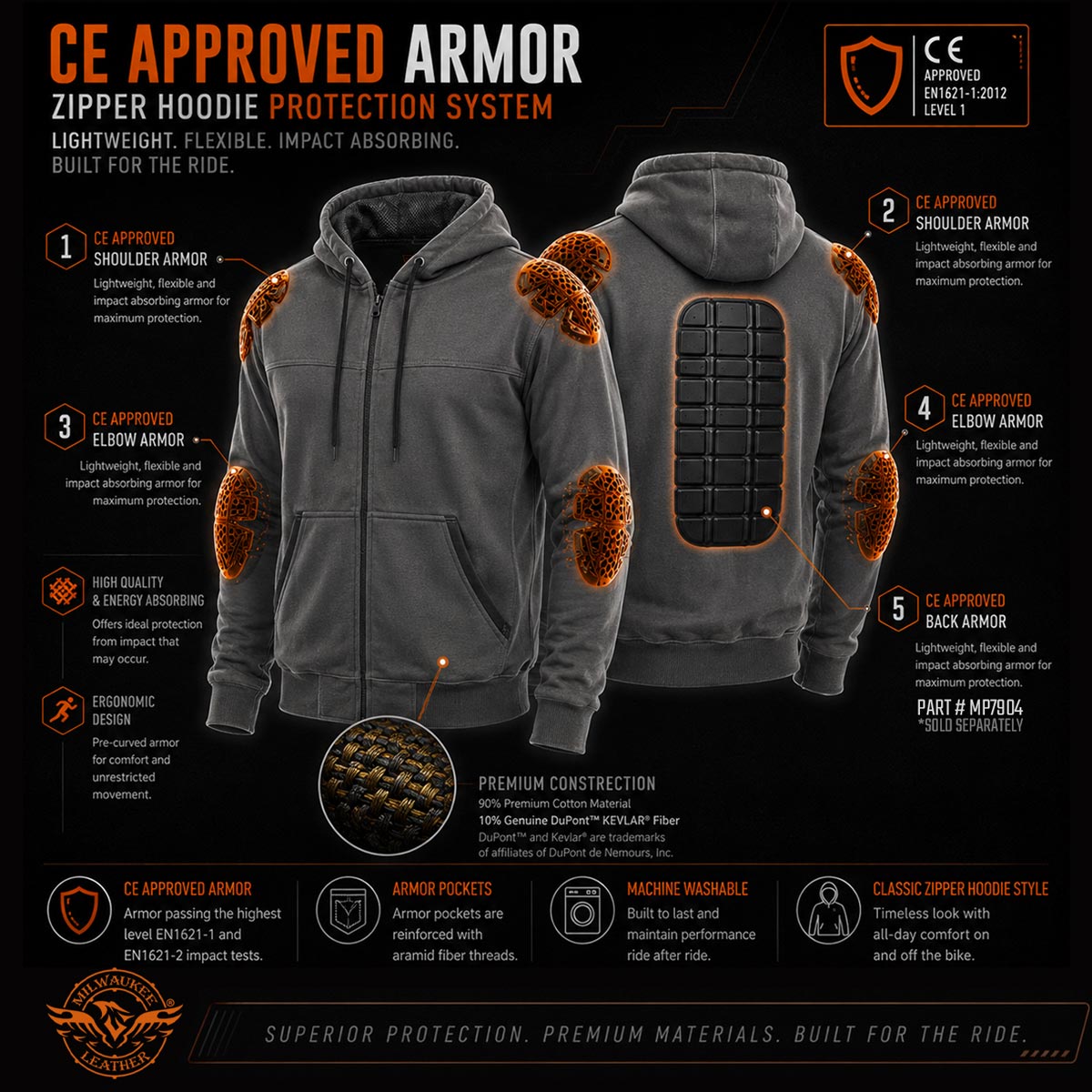 Milwaukee Leather Men's Bare Bones Black Reflective Skull CE Armored Riding Hoodie, Shoulder & Elbow Armor - MPM1797