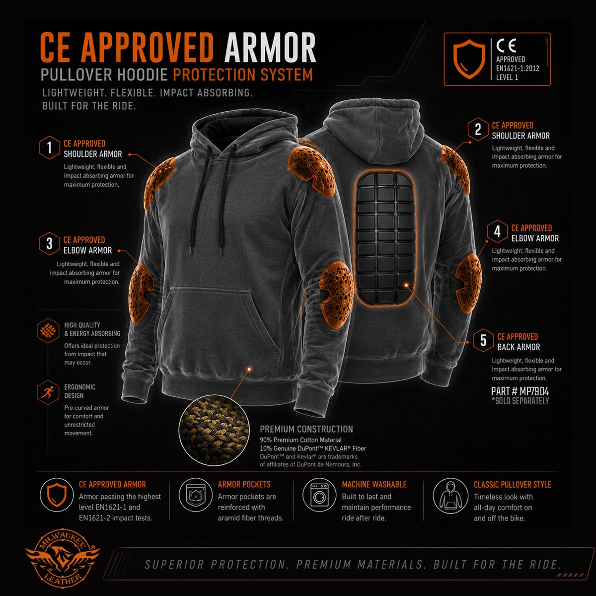 Milwaukee Leather Men's Streetguard Copper CE Armored Riding Hoodie, Shoulder and Elbow Armor - MPM1768