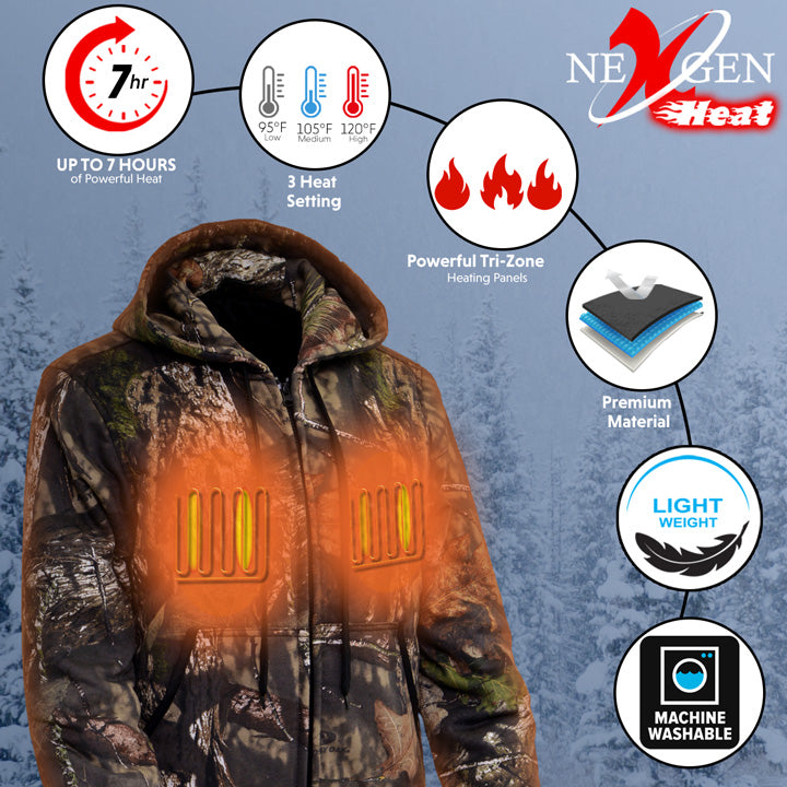 Nexgen Heat MPM1776SET Men's Camouflaged Heated Zipper Hoodies - Warming Camo Hoodie for Hunting w/ Battery