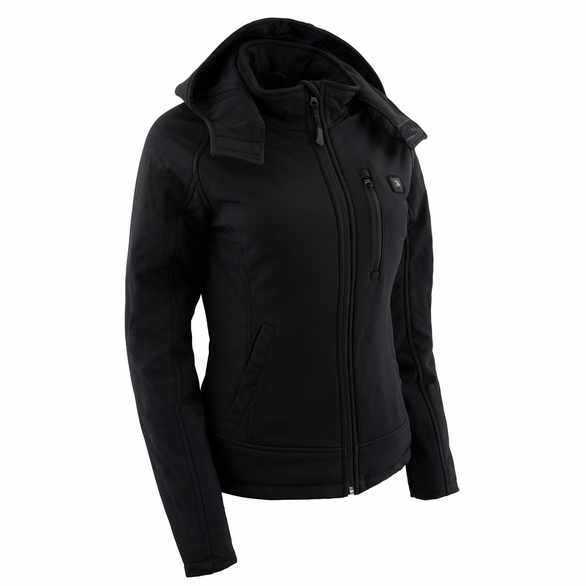 Nexgen Heat MPL2767SET Women's Black Soft Shell Heated Jacket with Detachable Hood (Included Rechargeable 10000mAh Battery)