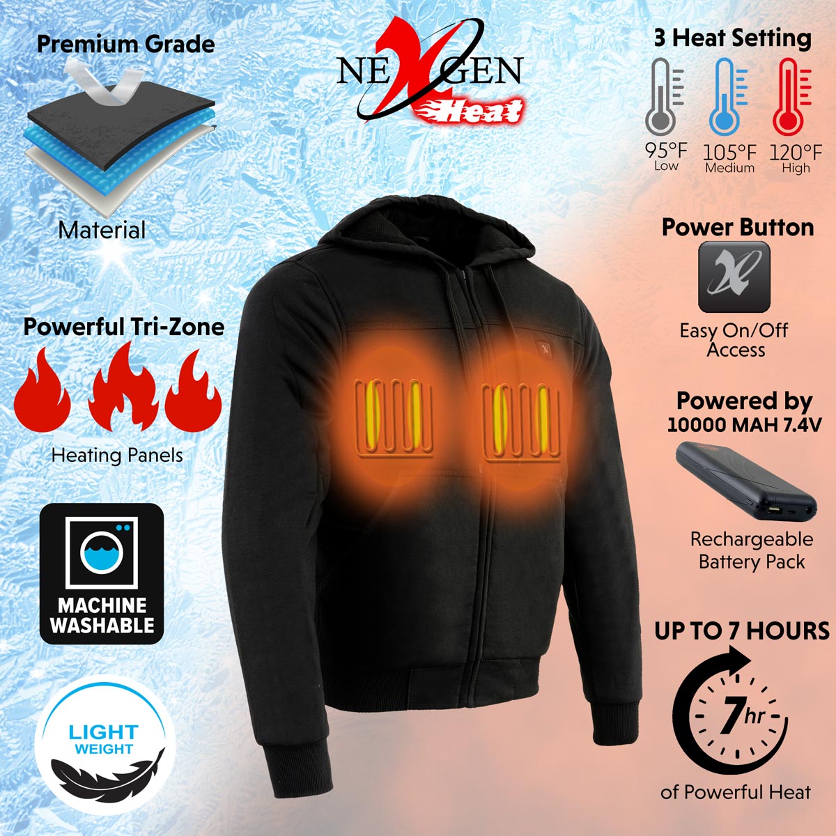 Nexgen Heat Men’s Black Heated Hoodie Jacket – Winter Motorcycle Riding Gear for Cold Outdoors MPM1713SET
