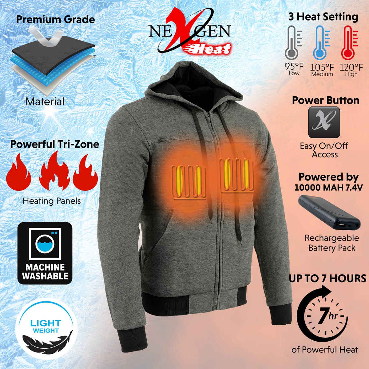 Nexgen Heat Men’s Black Heated Hoodie Jacket – Winter Motorcycle Riding Gear for Cold Outdoors MPM1713SET