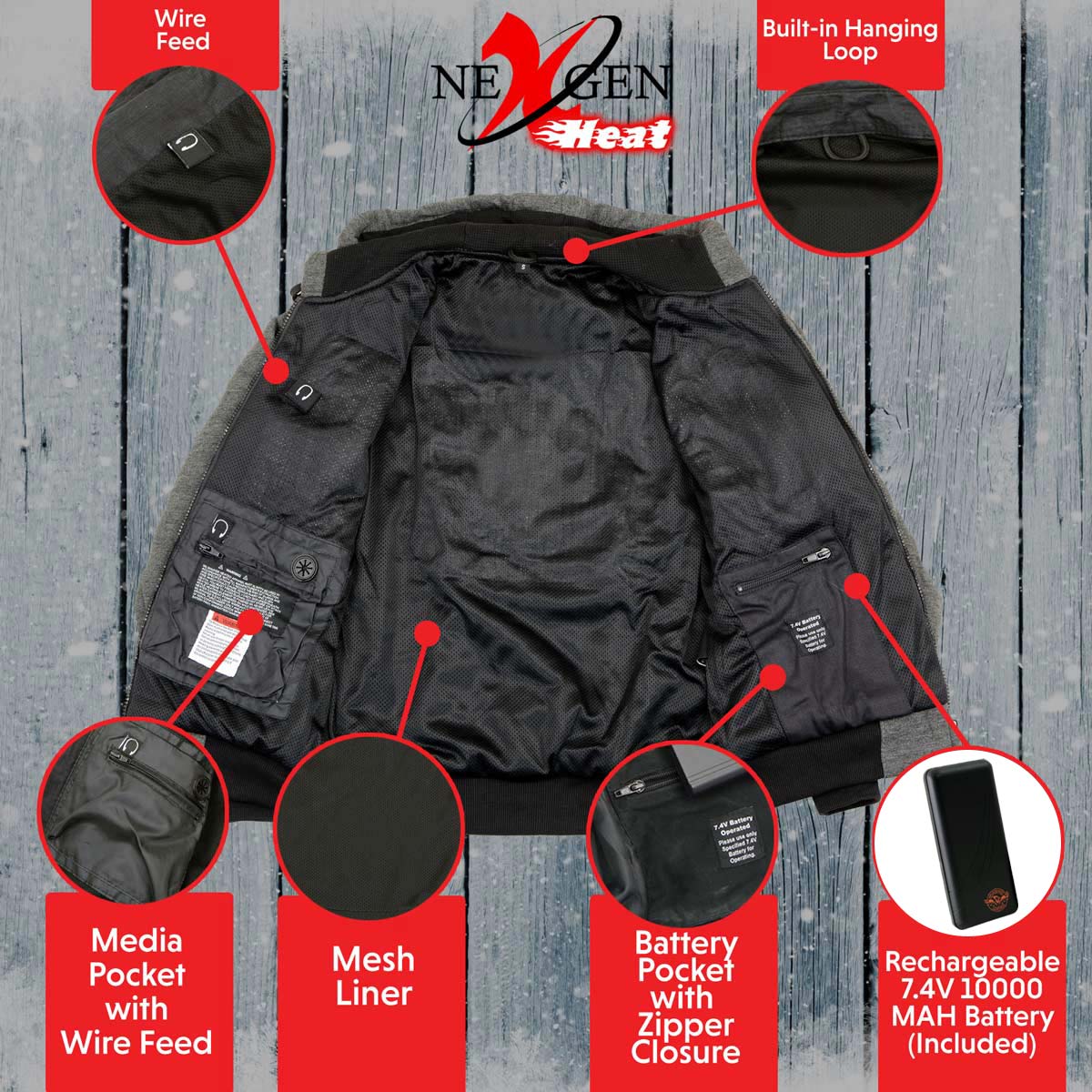 Nexgen Heat Men’s Black Heated Hoodie Jacket – Winter Motorcycle Riding Gear for Cold Outdoors MPM1713SET
