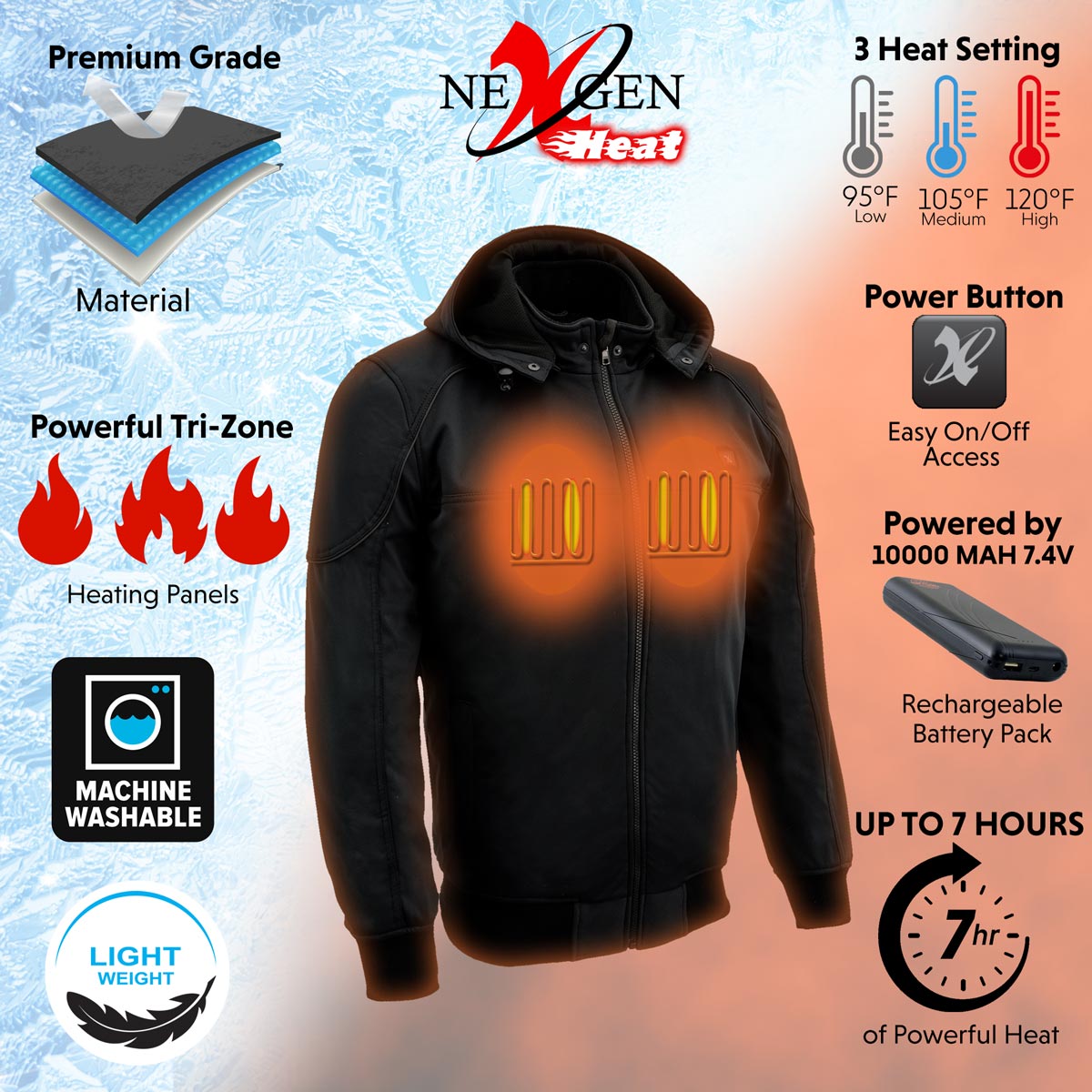 NexGen Heat Men’s Heated – Soft Shell Racing Style  Jacket, 7.4V, 3 Heat Levels, Night Visibility – Cold MPM1761SET